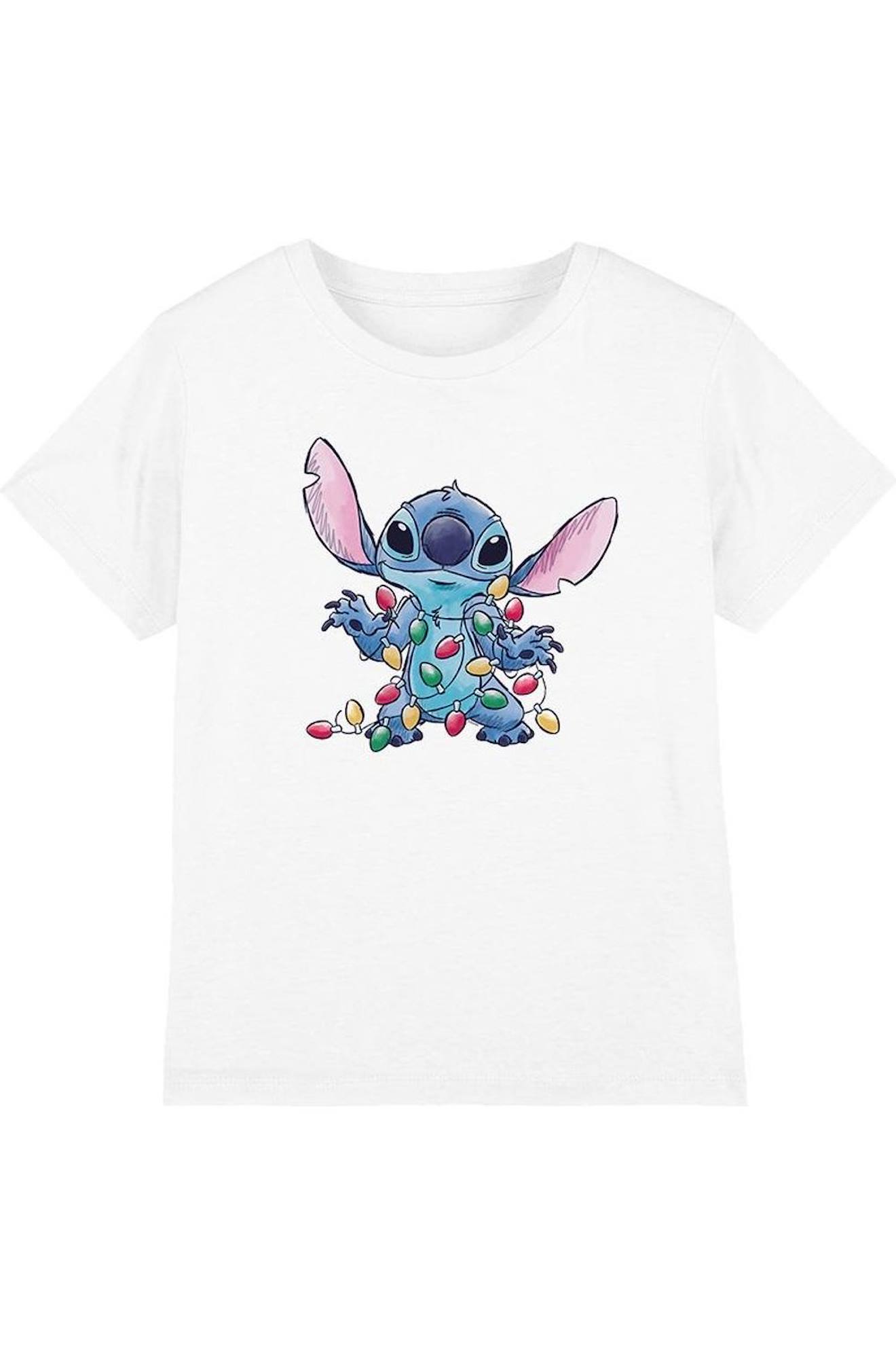 T-shirt Stitch Noël Motif Croquis Et Lumières De Noël Coton Blanc