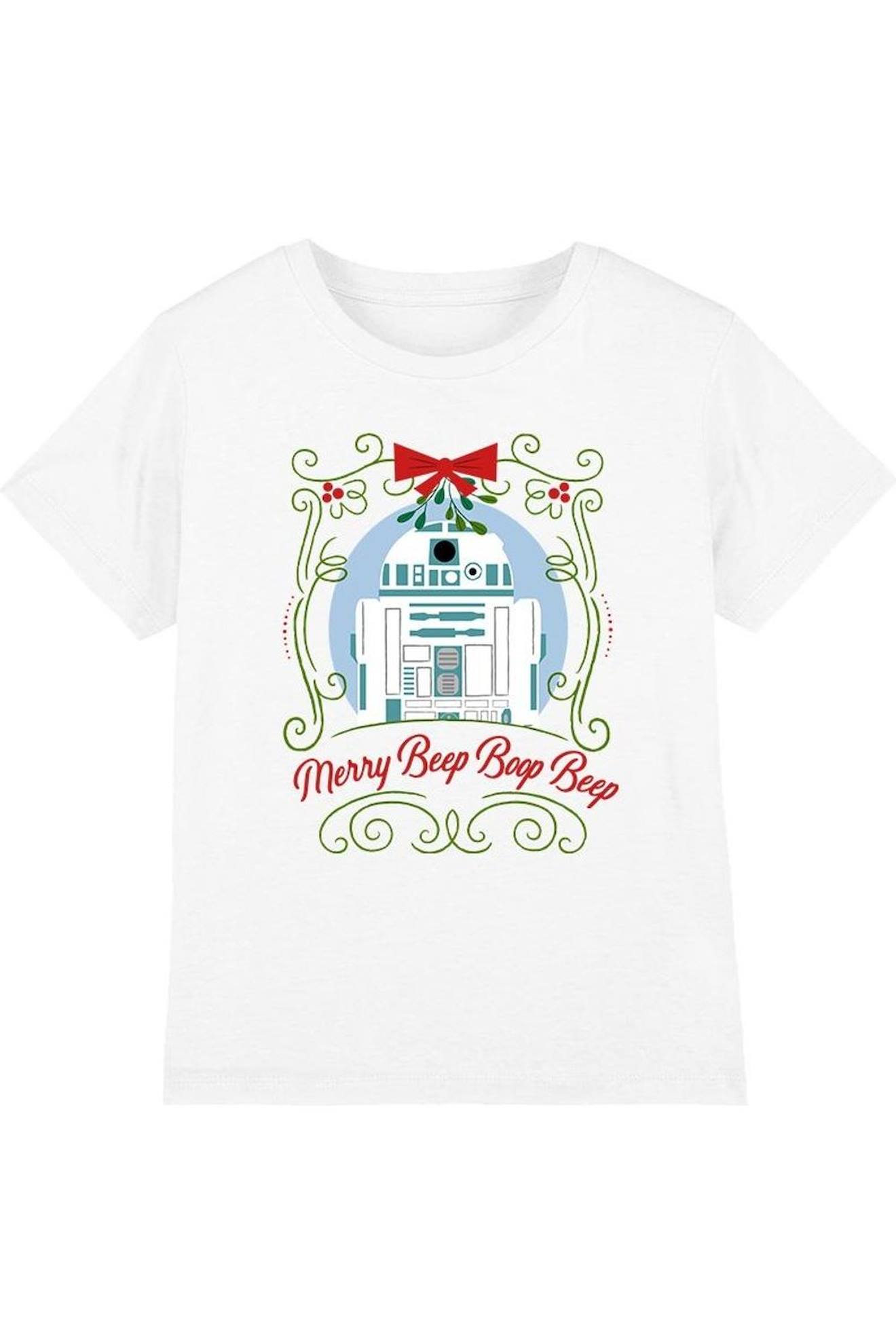 T-shirt De Noël Motif R2-d2 Coton Star Wars Merry Beep Boop Beep Blanc