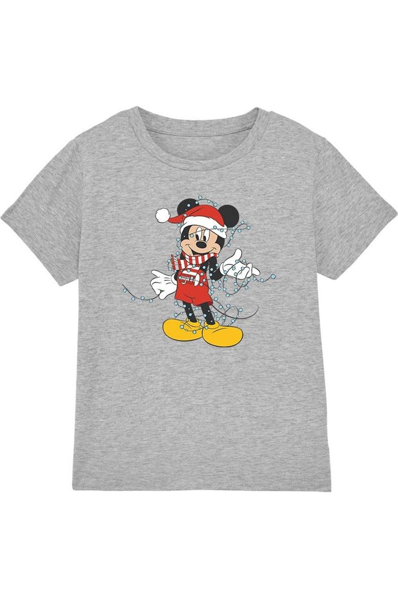 T-shirt Motifs Mickey Mouse Et Lumières De Noël Coton Disney Gris Chiné