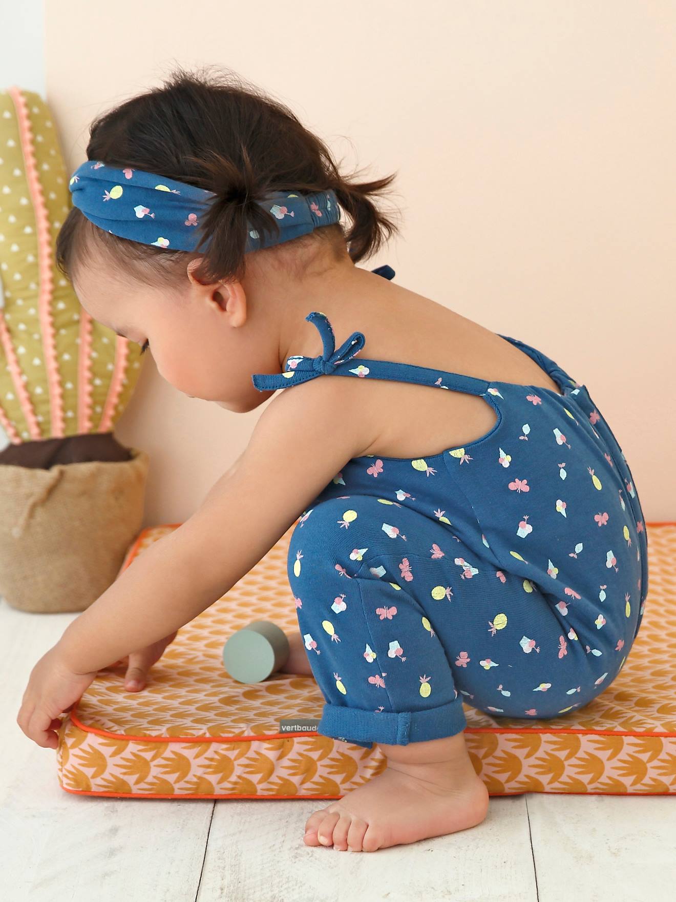 Ensemble combinaison et bandeau bébé fille en molleton bleu pétrole à motifs