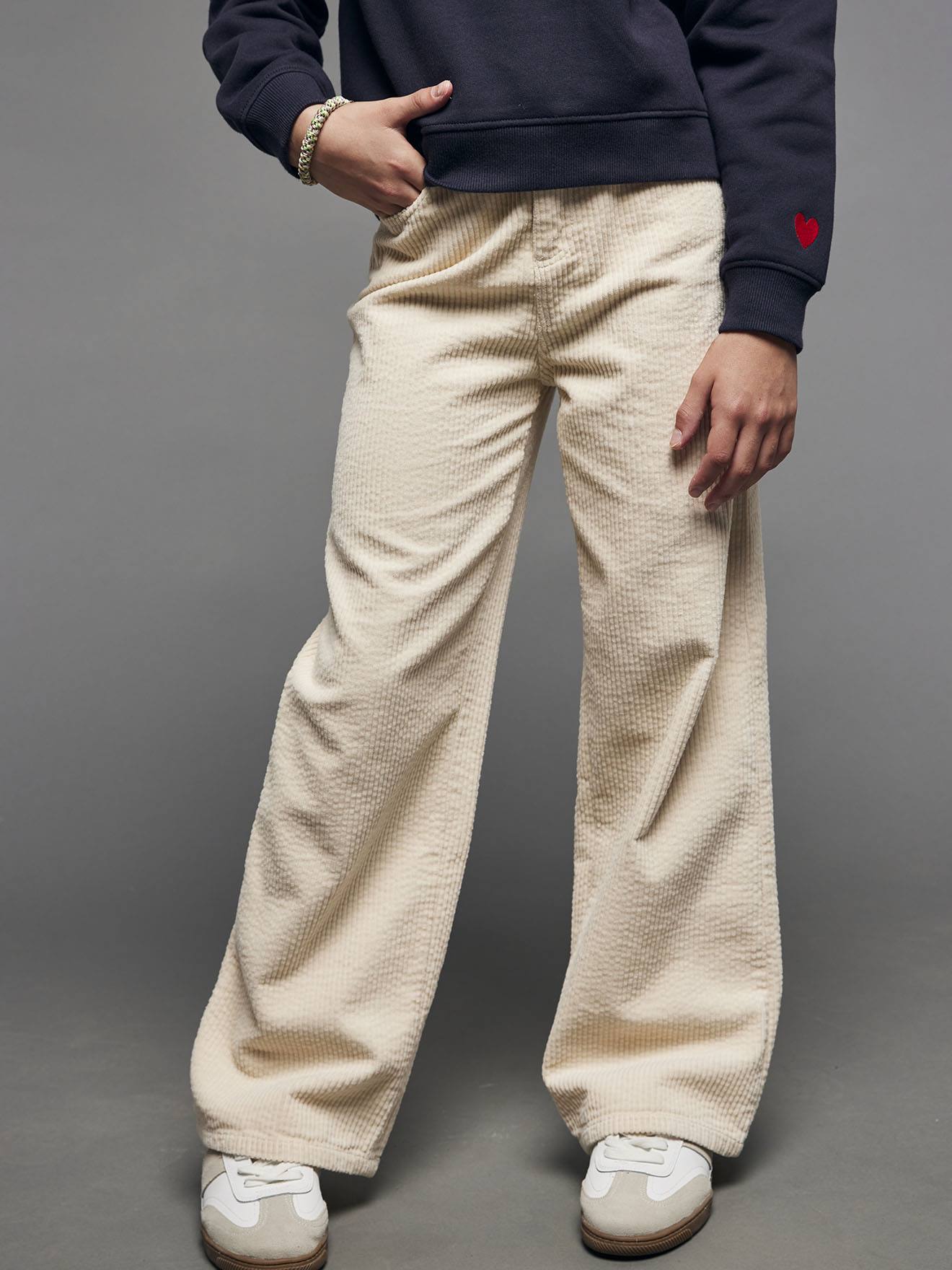 Pantalon large en velours côtelé fille écru