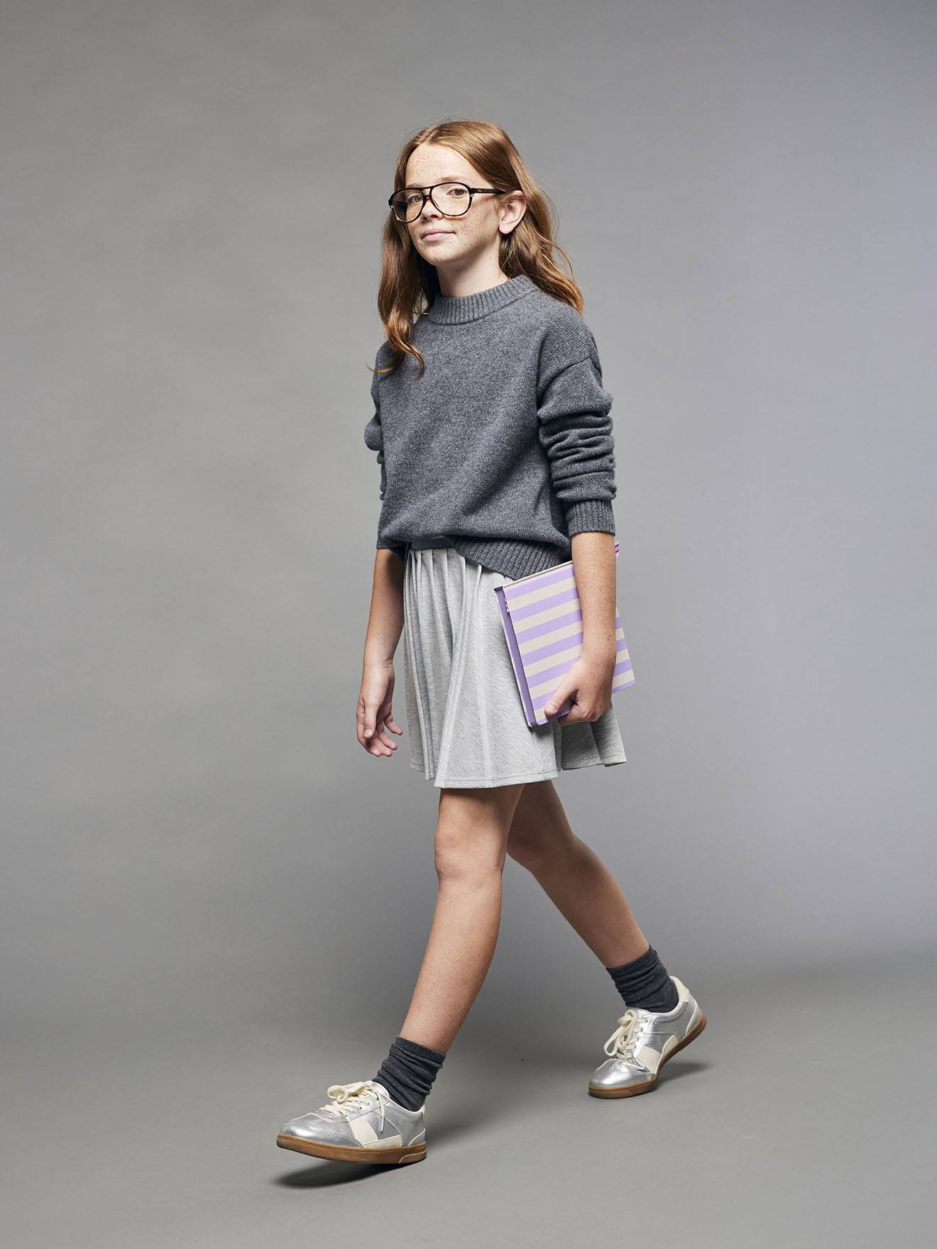 Jupe plissée en molleton fille gris chiné