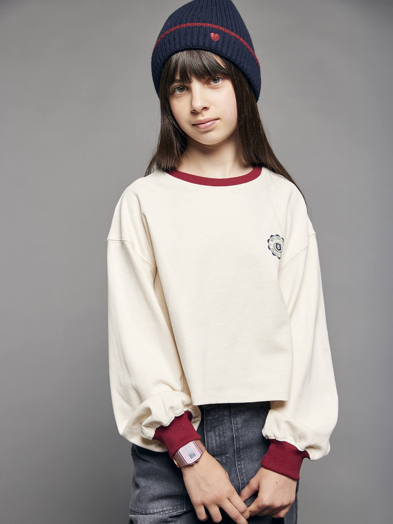 Tee-shirt cropped fille motif dos écru