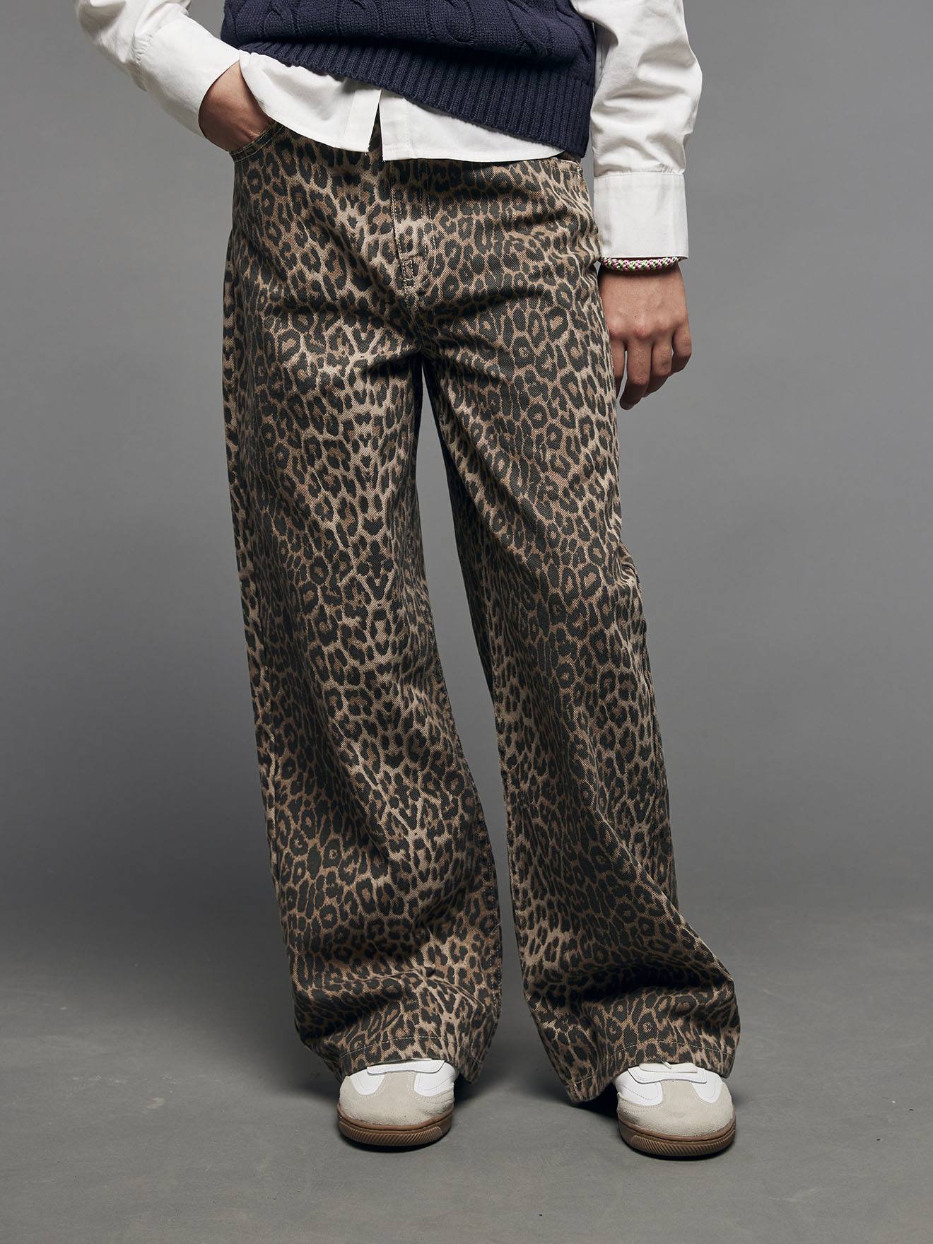 Pantalon fille large léopard beige