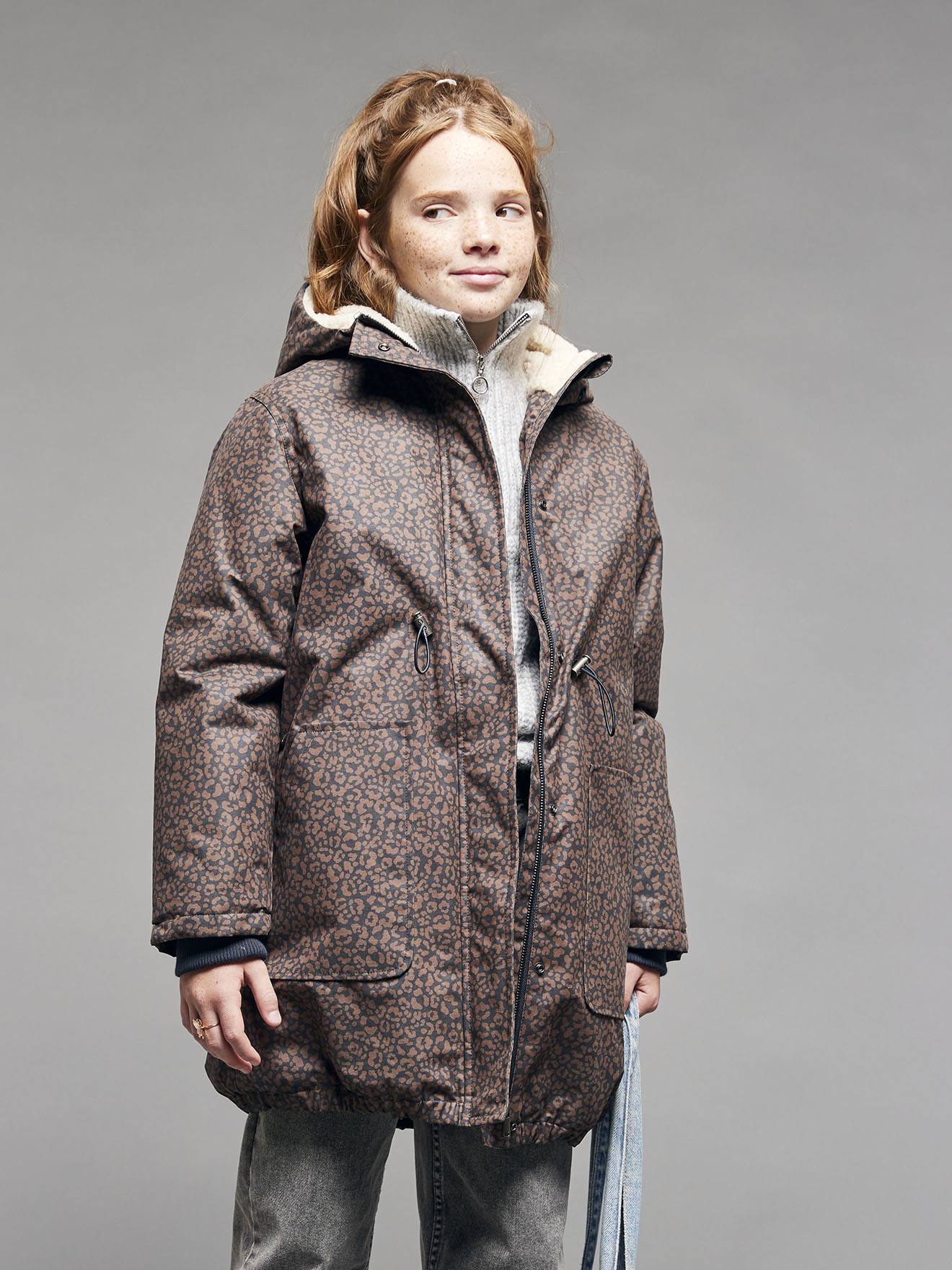Parka fille léopard doublée sherpa marine
