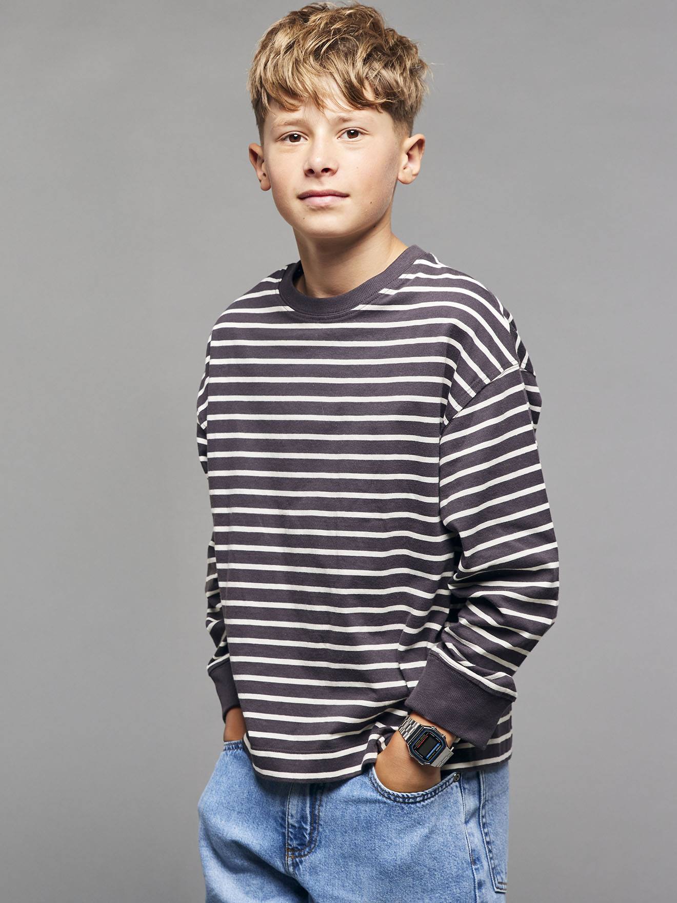 T-shirt rayé garçon oversize anthracite