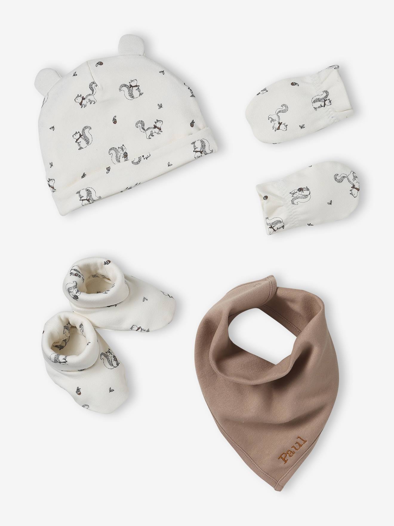 Ensemble bonnet, moufles, foulard et chaussons bébé beige