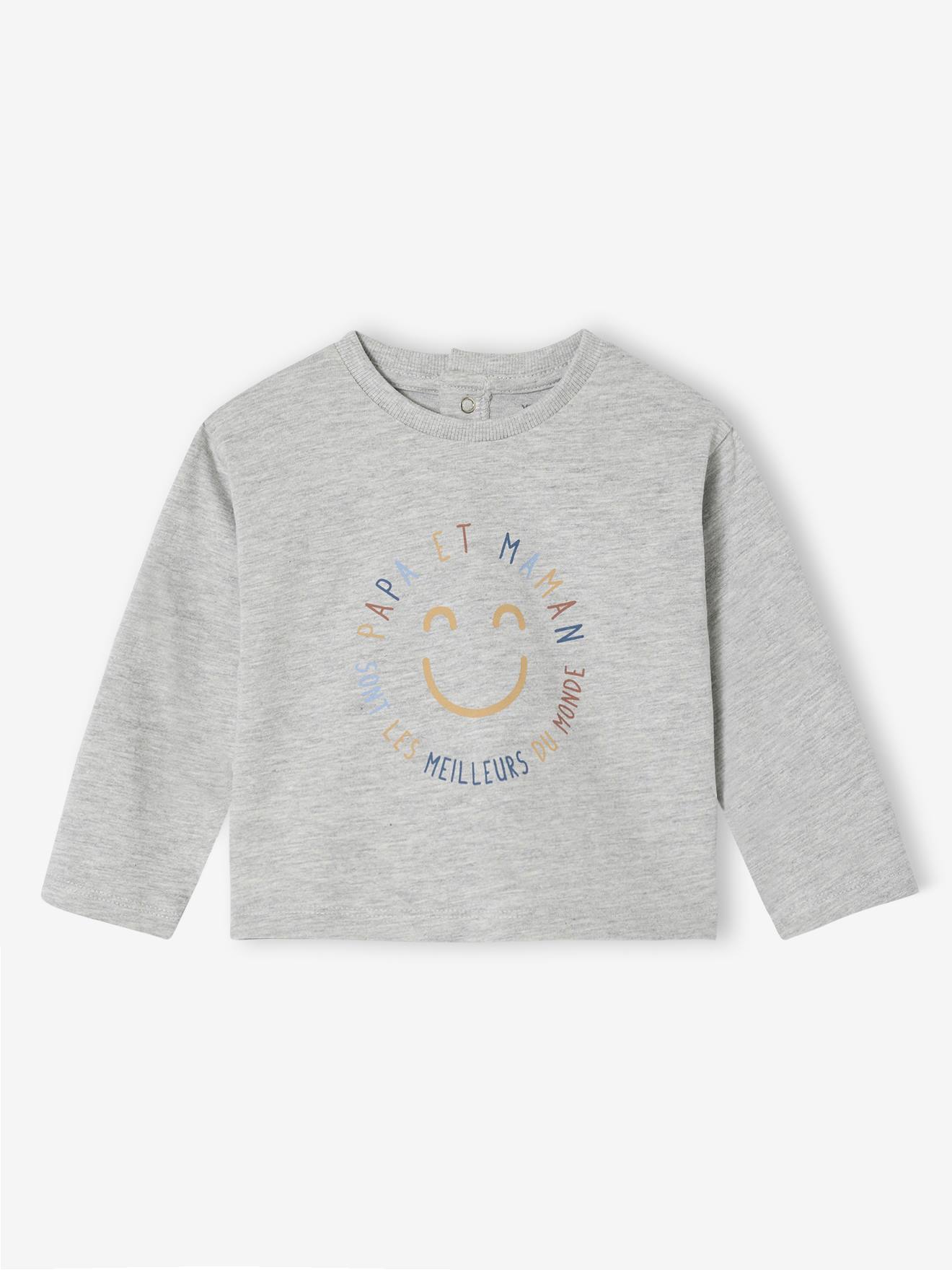 T-shirt bébé manches longues avec imprimé placé devant gris chiné
