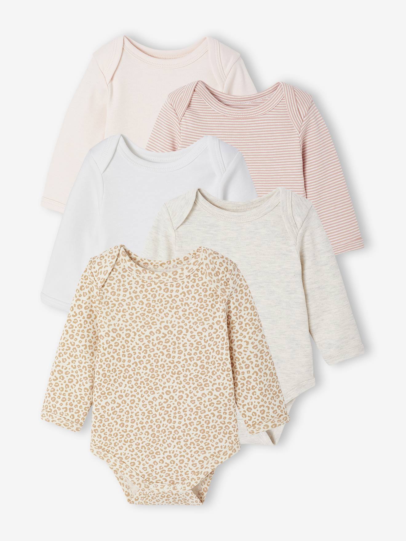 Lot de 5 bodies bébé fille ouverture américaine manches longues écru