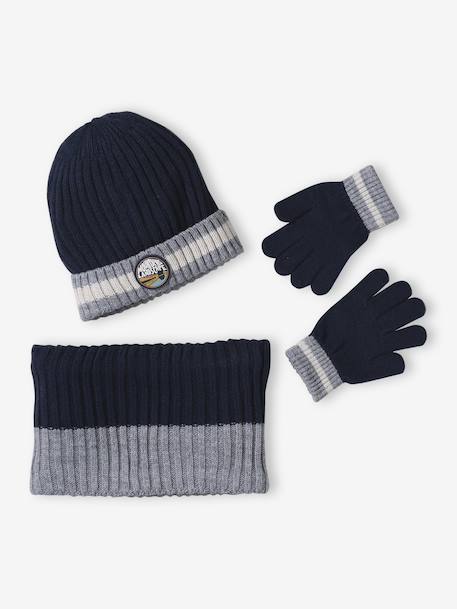 Garçon-Accessoires-Bonnet, écharpe, gants-Ensemble garçon bonnet + snood + gants « Montagnes »