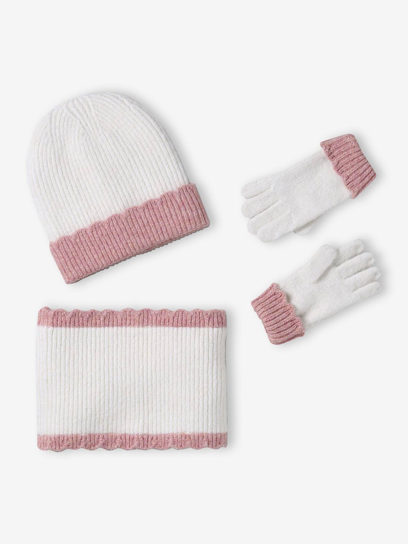 Ensemble fille bonnet + snood + moufles/gants écru