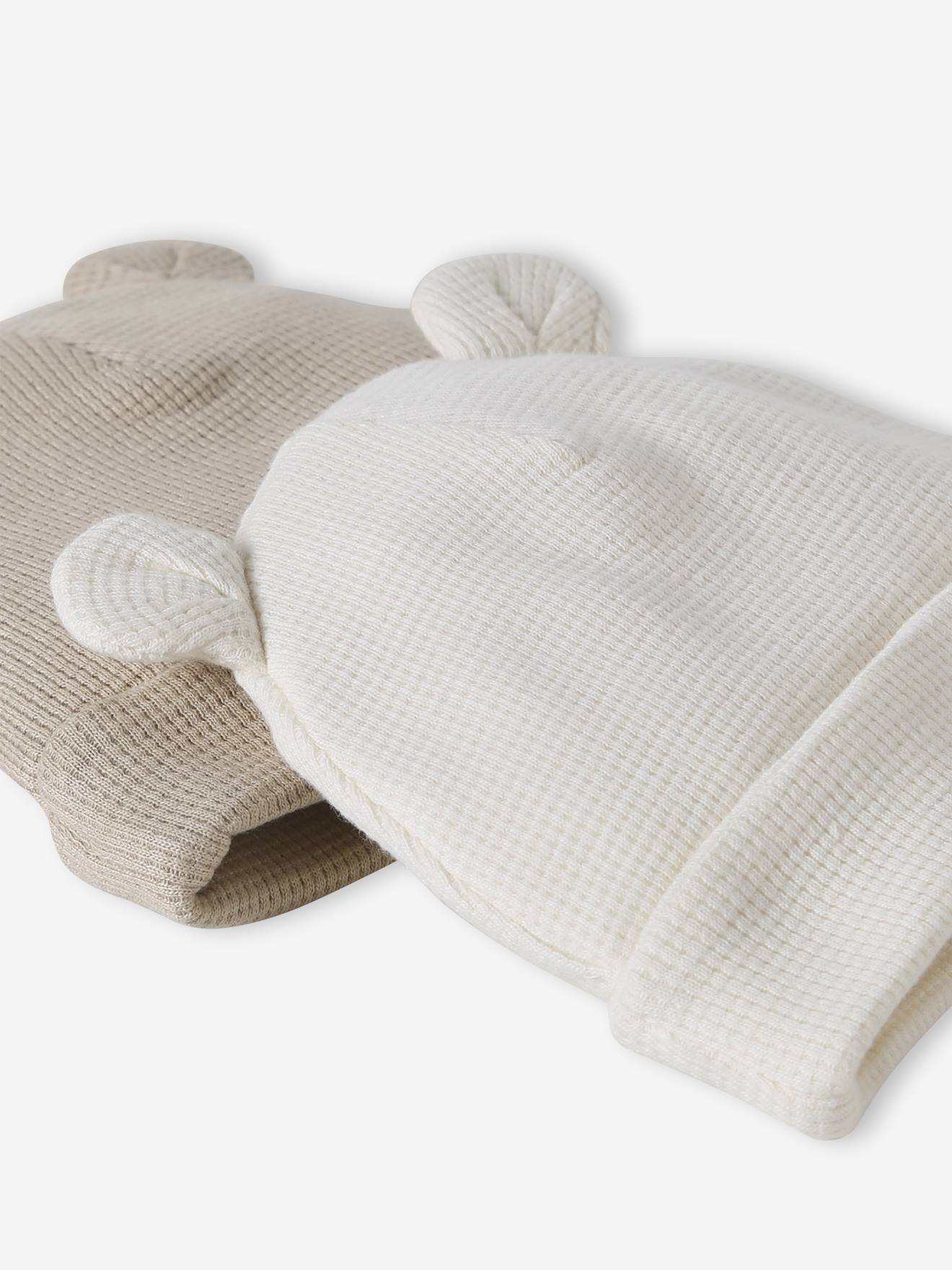 Lot de 2 bonnets naissance à oreilles d'ours écru + beige (Vertbaudet) - Image 1