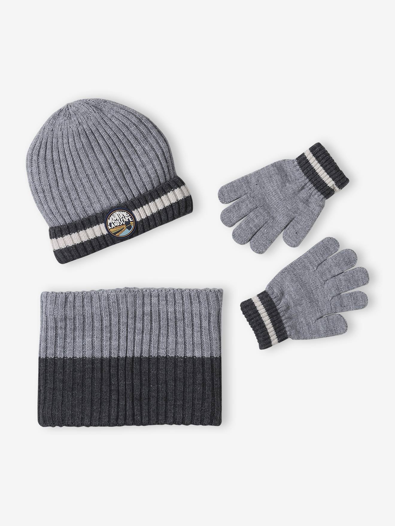 Ensemble garçon bonnet + snood + gants « Montagnes » gris chiné