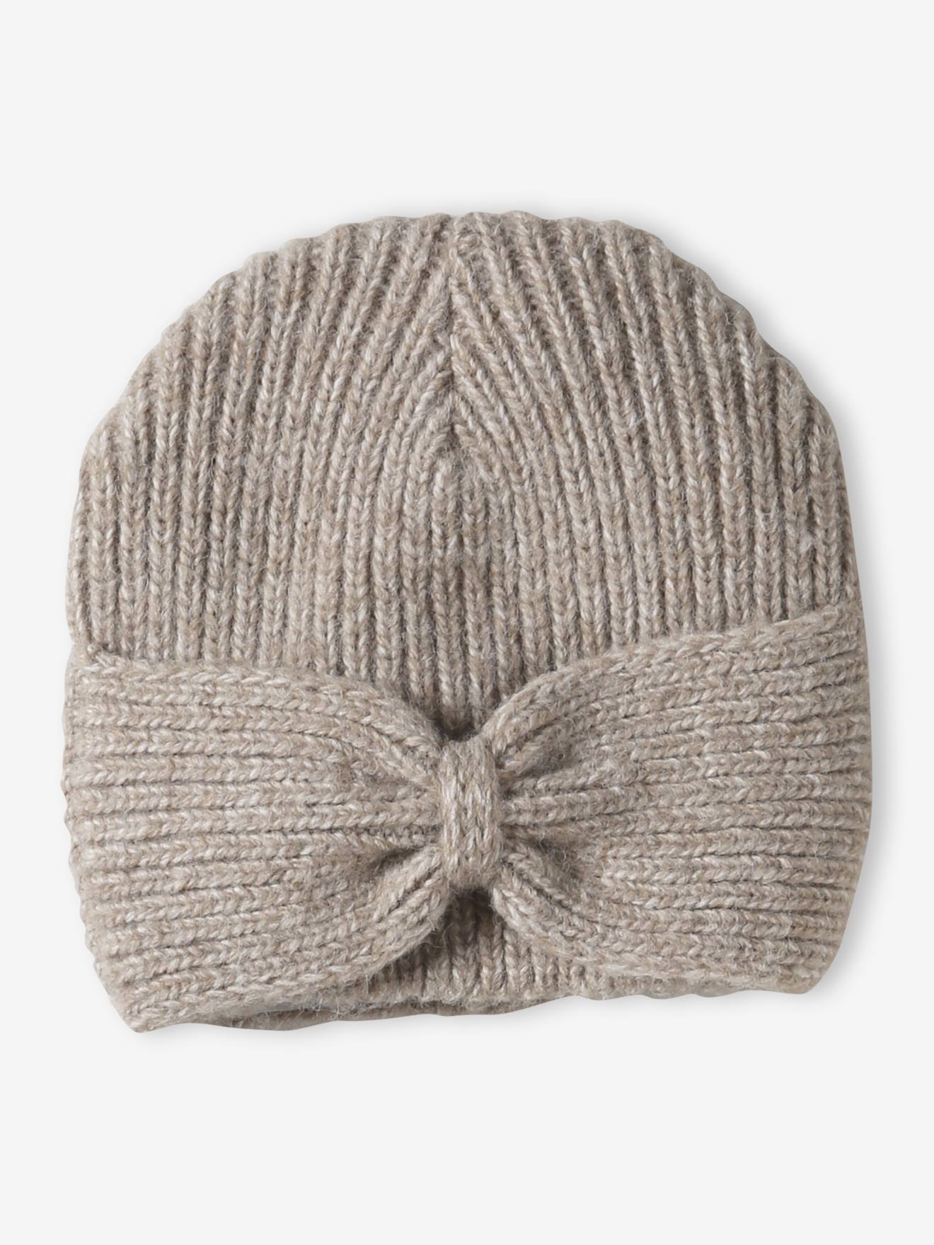 Bonnet fille en maille côtelée avec noeud fantaisie cannelle