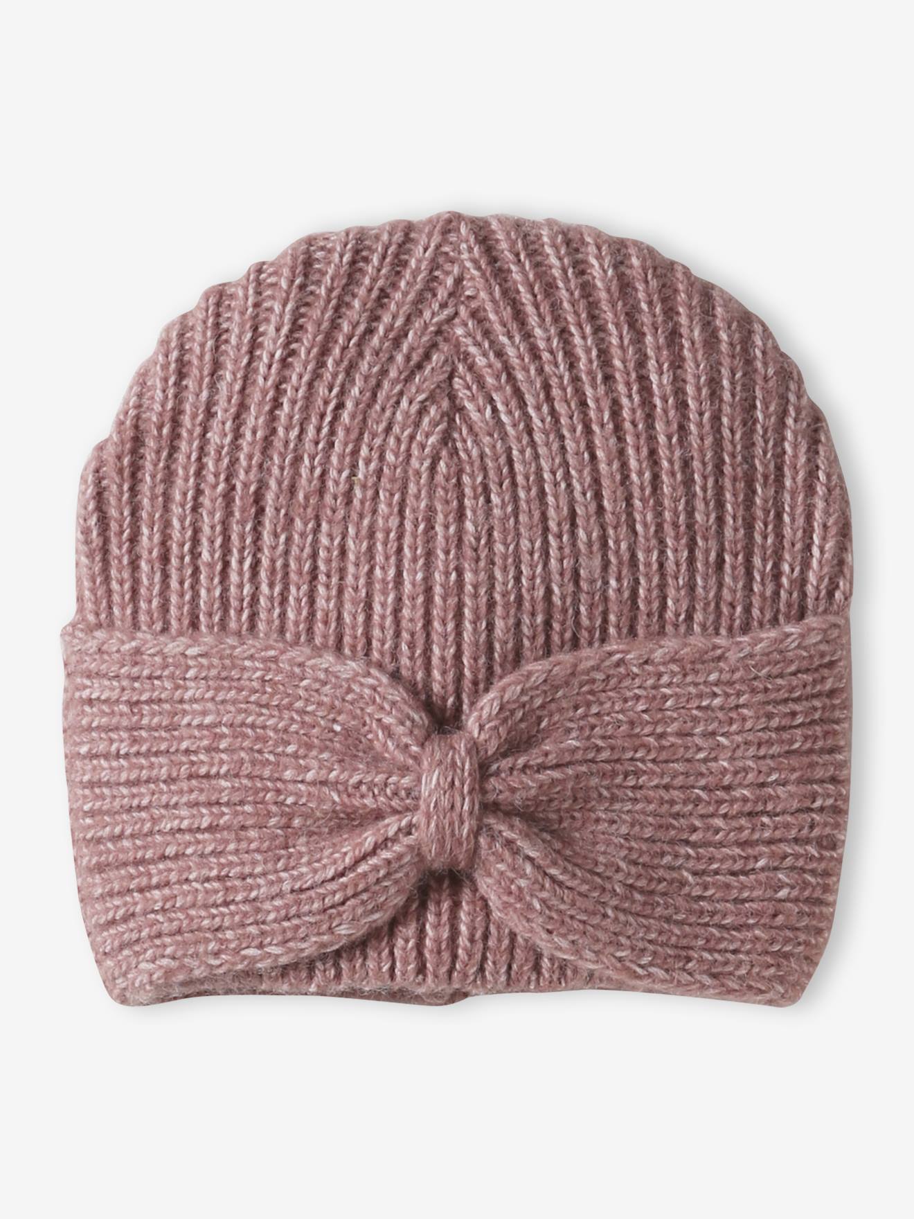 Bonnet fille en maille côtelée avec noeud fantaisie vieux rose