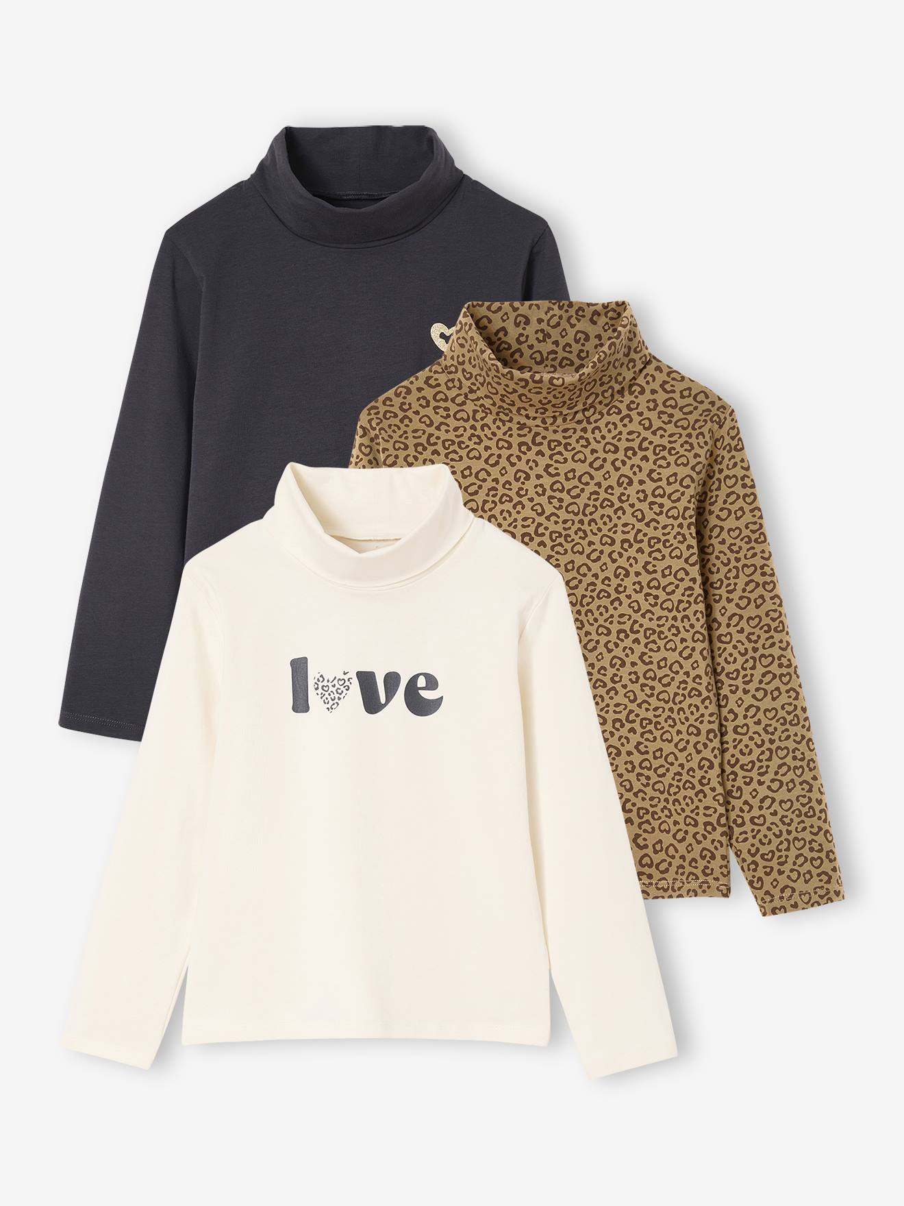 Lot de 3 T-shirts col roulé fille écru