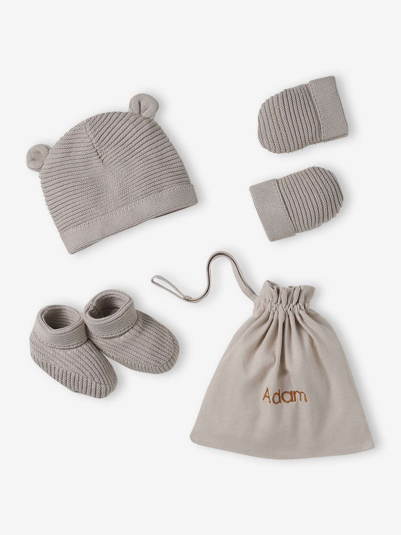 Kit naissance bonnet, moufles et chaussons et son pochon personnalisable beige chiné