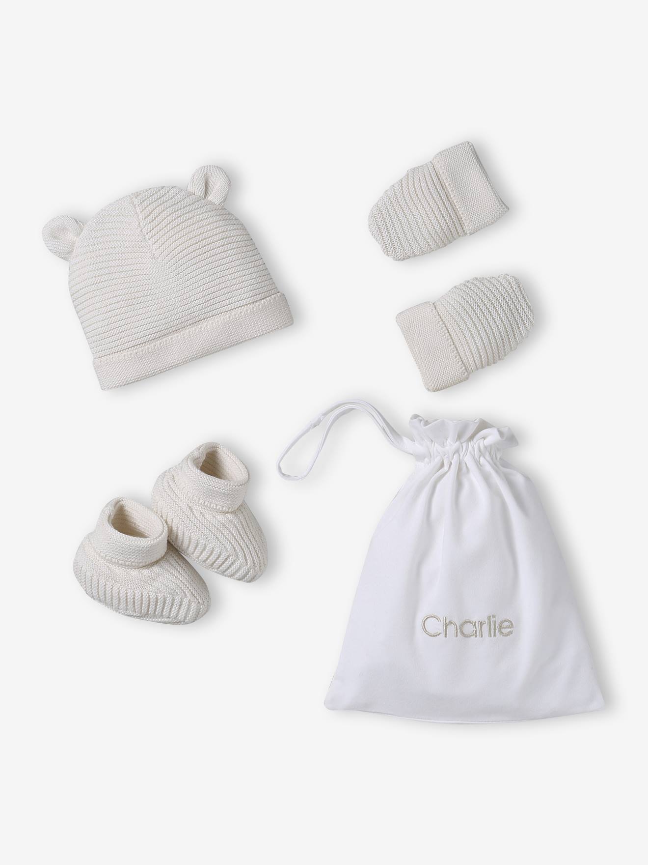 Kit naissance bonnet, moufles et chaussons et son pochon personnalisable écru