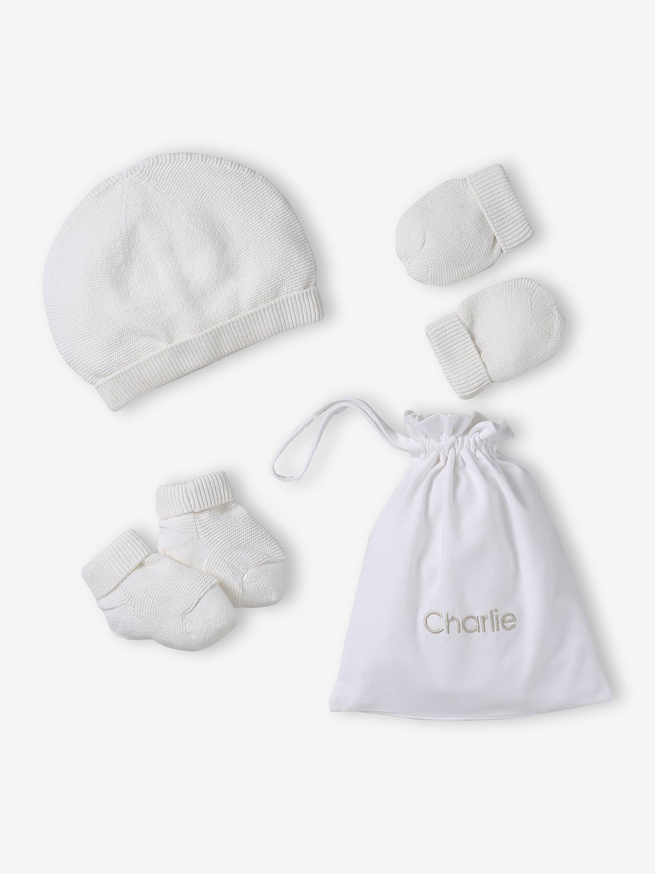 Ensemble naissance bonnet, moufles et chaussons et son pochon personnalisable blanc