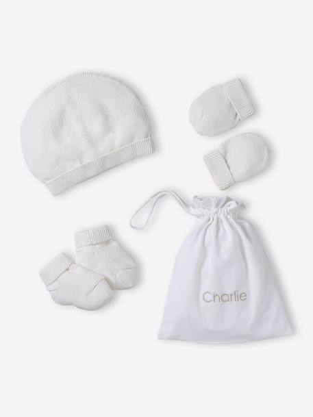 Vertbaudet - Ensemble naissance bonnet, moufles et chaussons et son pochon personnalisable blanc