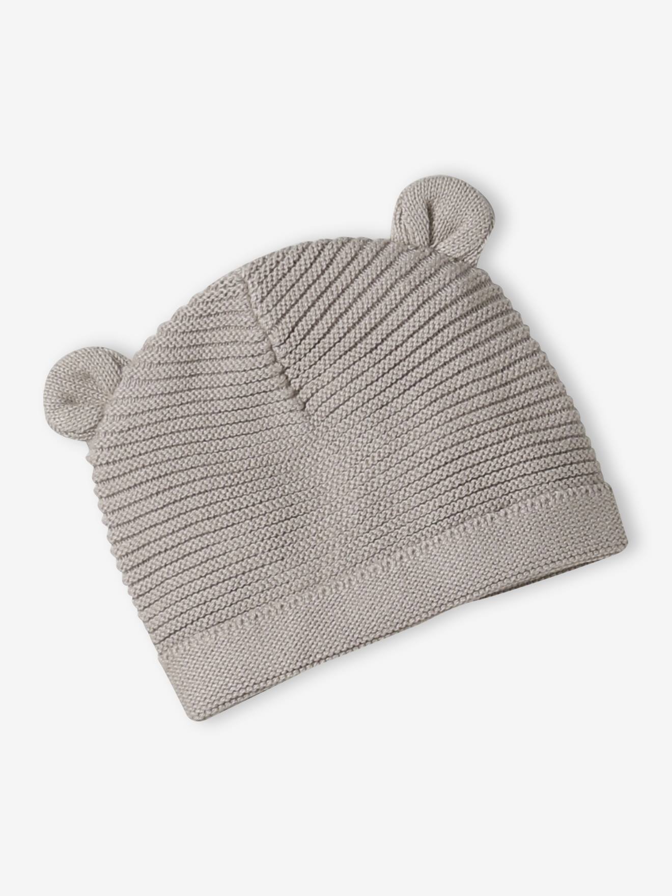 Kit naissance bonnet, moufles et chaussons et son pochon personnalisable beige chiné (Vertbaudet) - Image 1