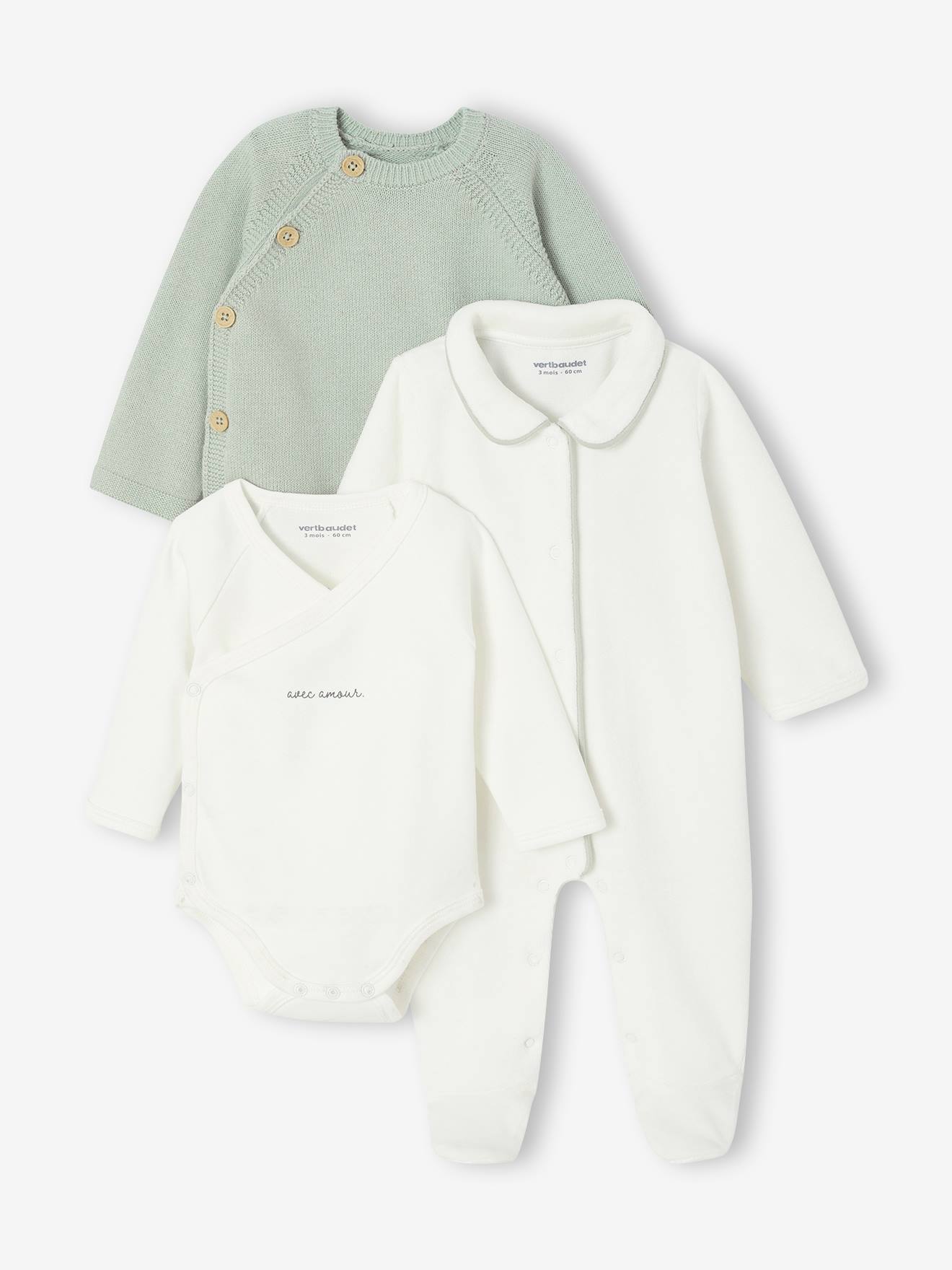 Ensemble bébé pyjama + body + gilet coffret cadeau naissance vert sauge (Vertbaudet) - Image 1