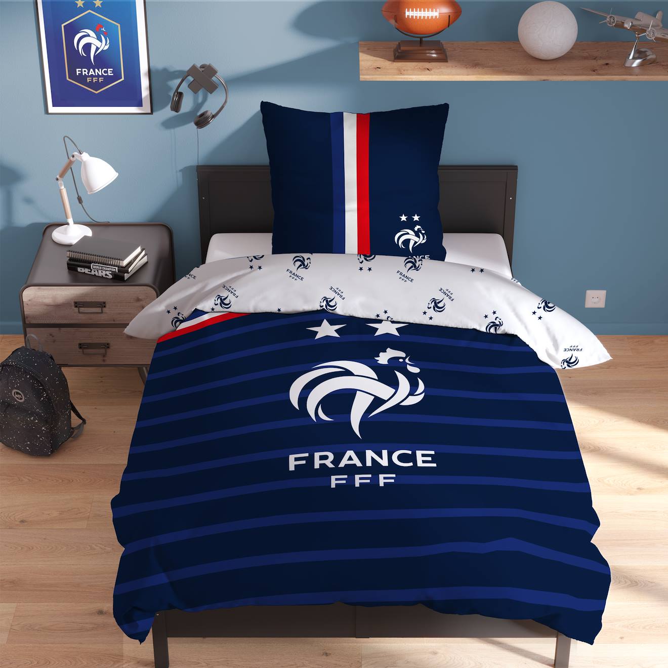 Parure De Lit Imprimée 100% Coton, Fff Rayures Bleu