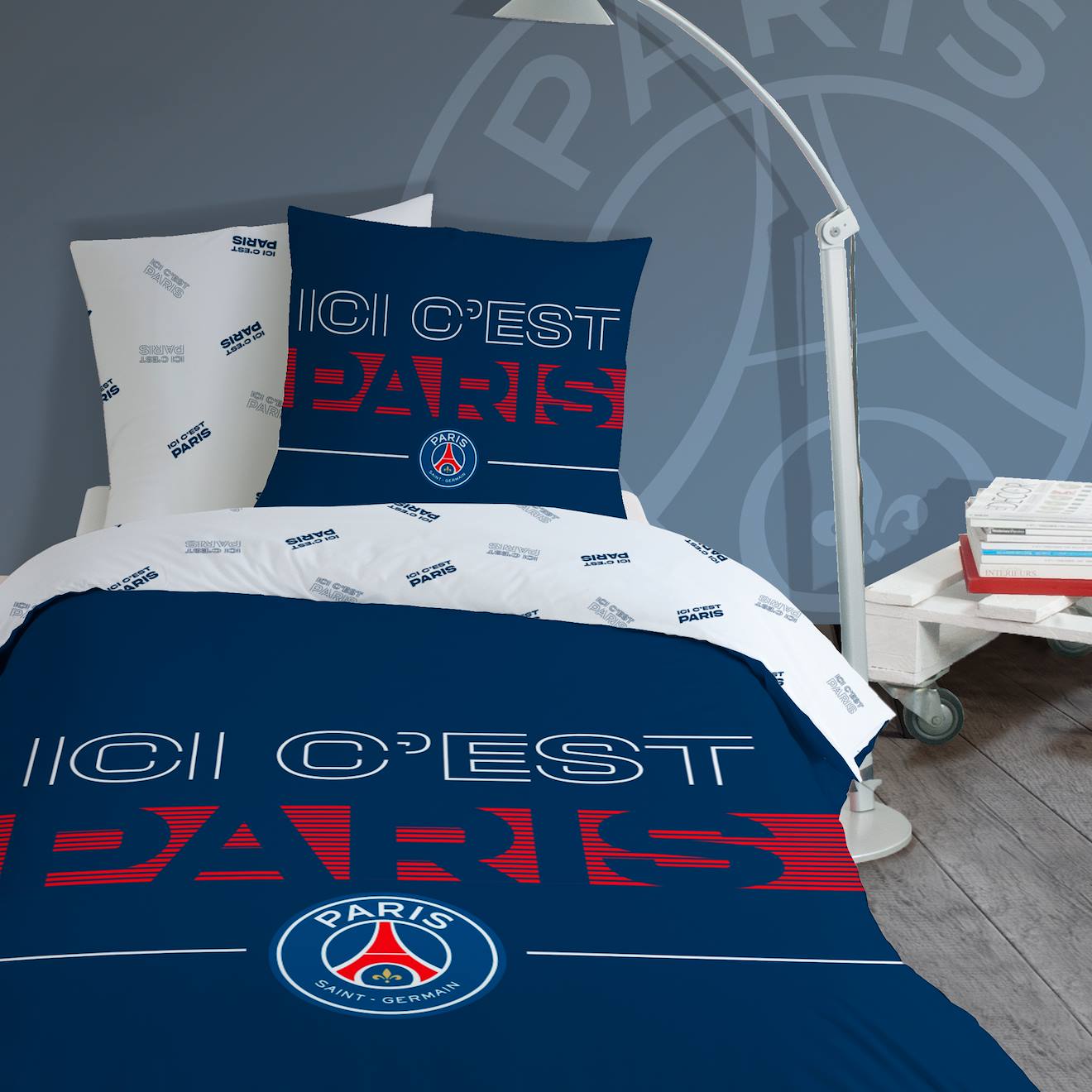 Parure de lit imprimée 100% coton, psg devise bleu