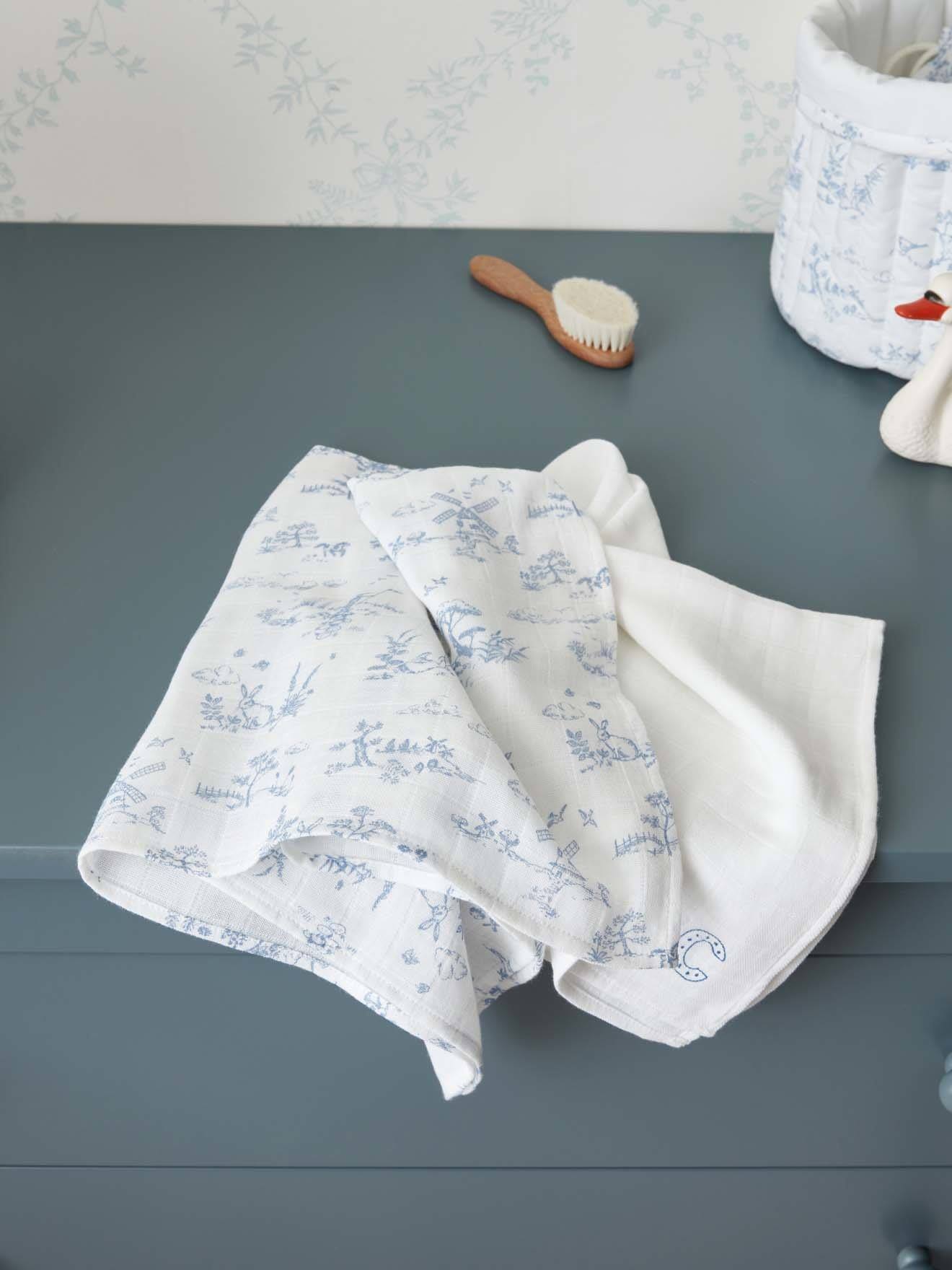 Lange Mousseline De Coton Biologique Par Lot De 2 Jouy Bleu