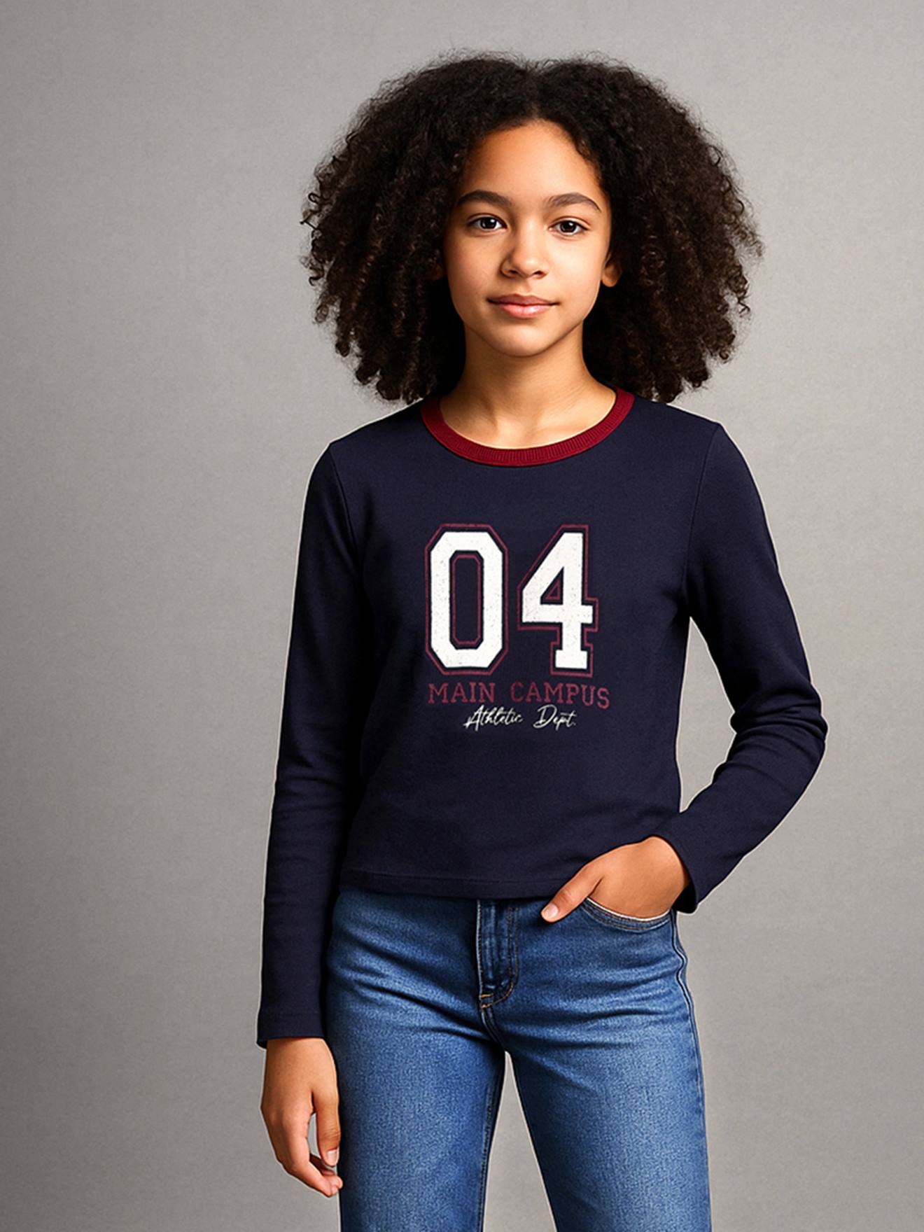 T-shirt fille cropped manches longues fille marine