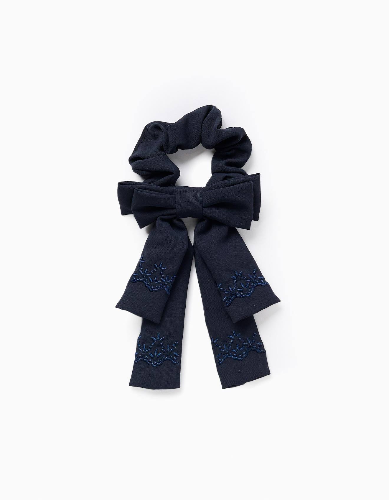 Chouchou Avec Nœud Et Broderie Bleu Foncé