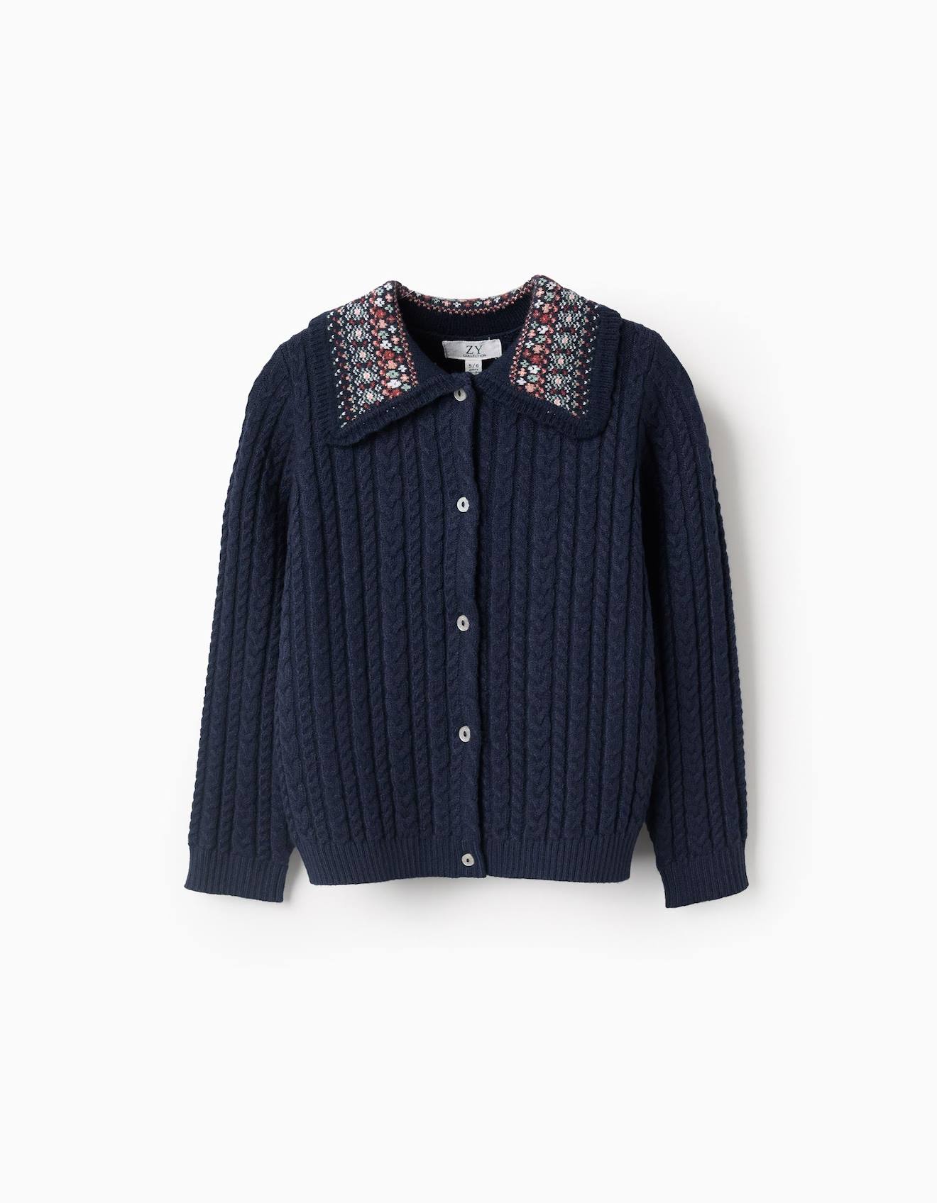 Gilet En Maille Tressée Avec Col Floral Bleu Foncé