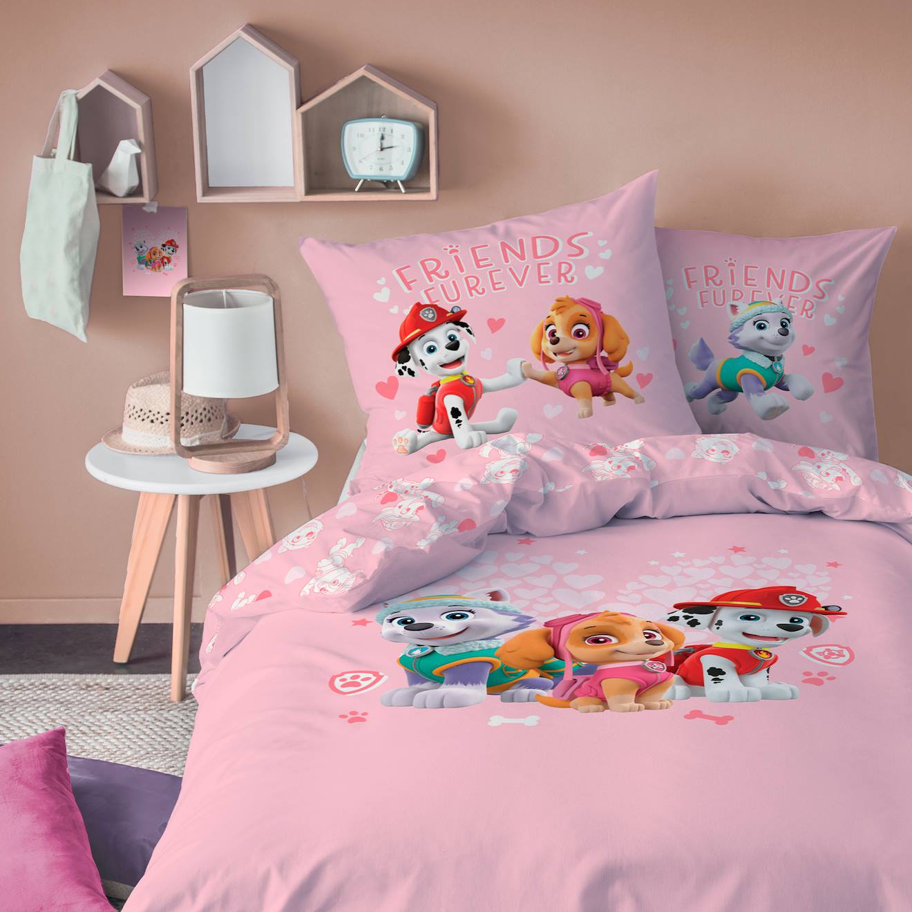 Parure De Lit Imprimée 100% Coton, Pat Patrouille Heart Rose