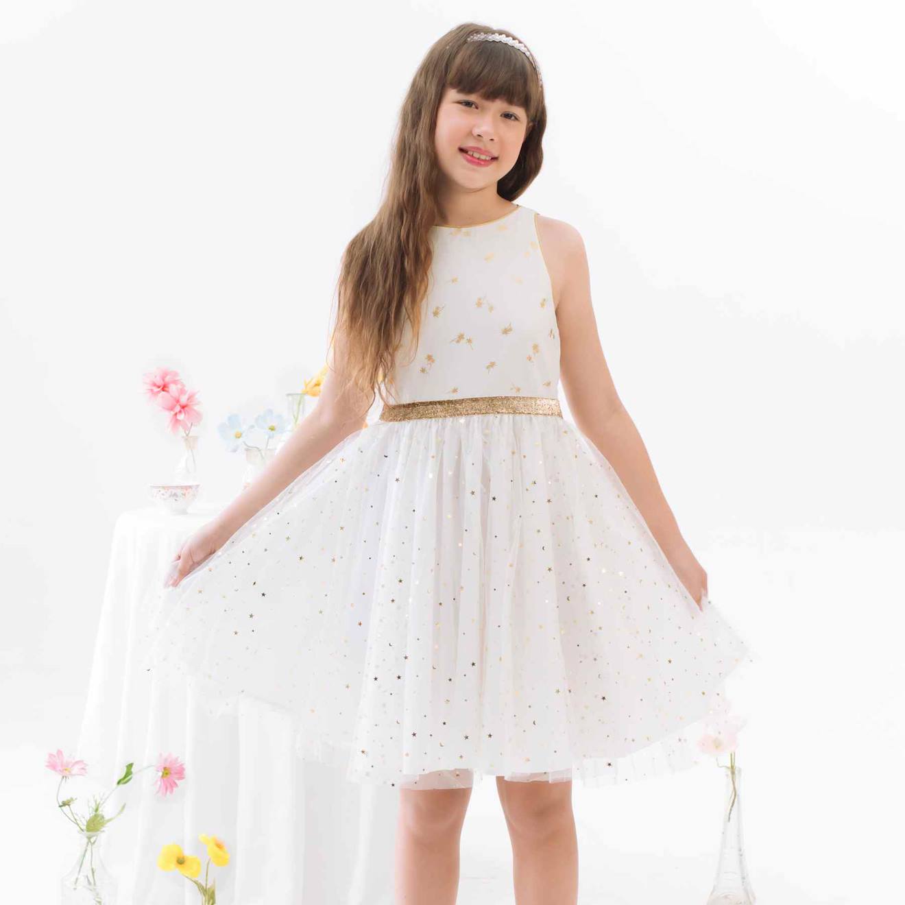 Robe Demoiselle D'honneur Avec Noeud Hepburn Blanc Doré