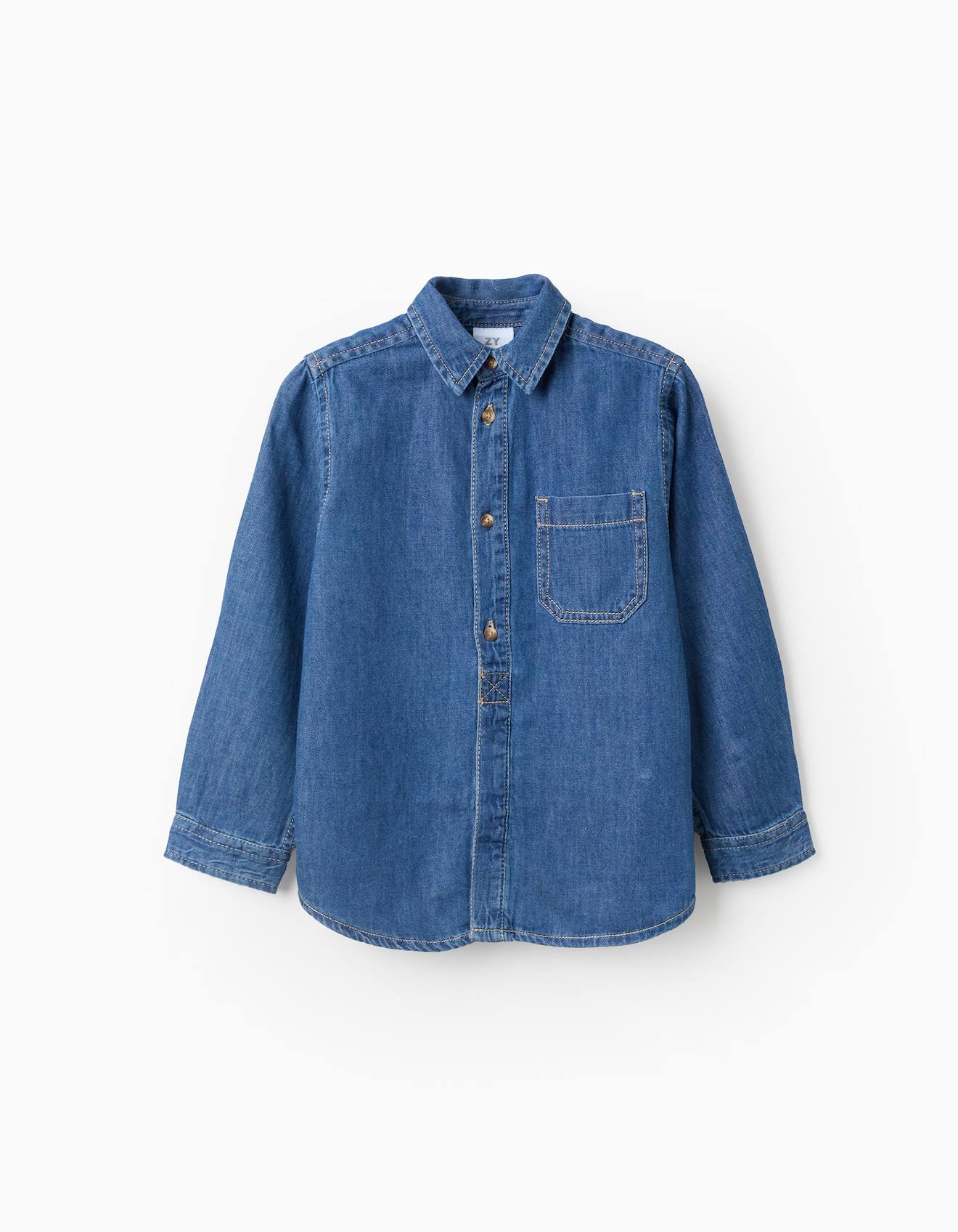 Chemise En Coton Et Denim Avec Poche Bleu