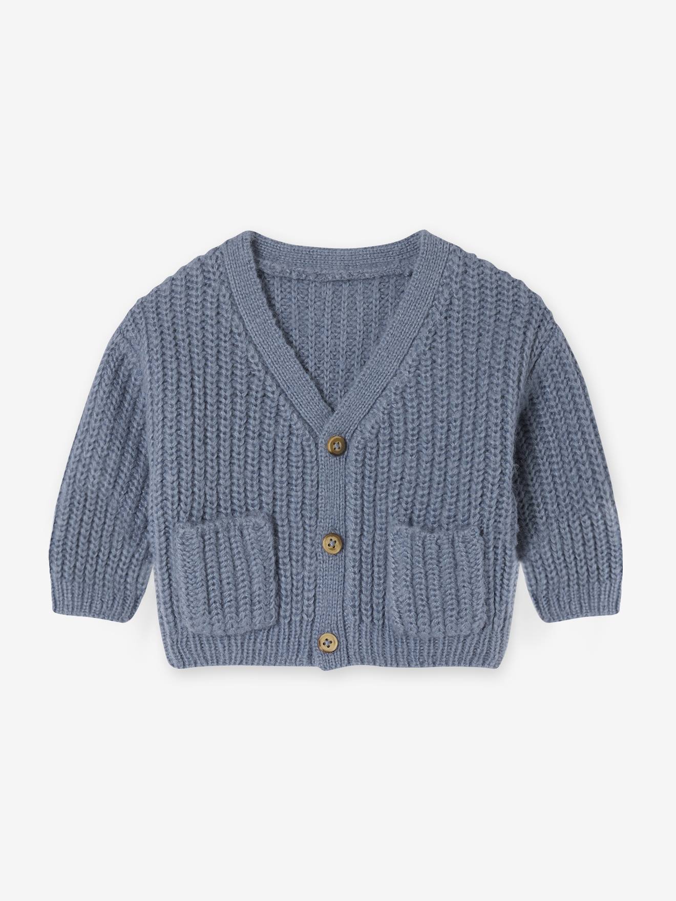 Gilet bébé col V en maille grosse jauge bleu grisé