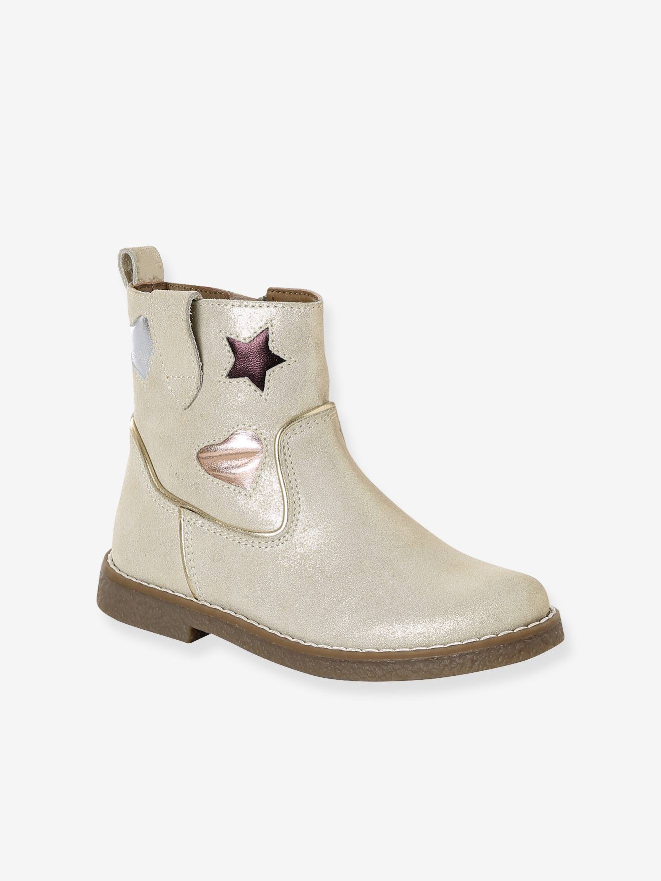 Boots enfant fille cuir zippes or 32$