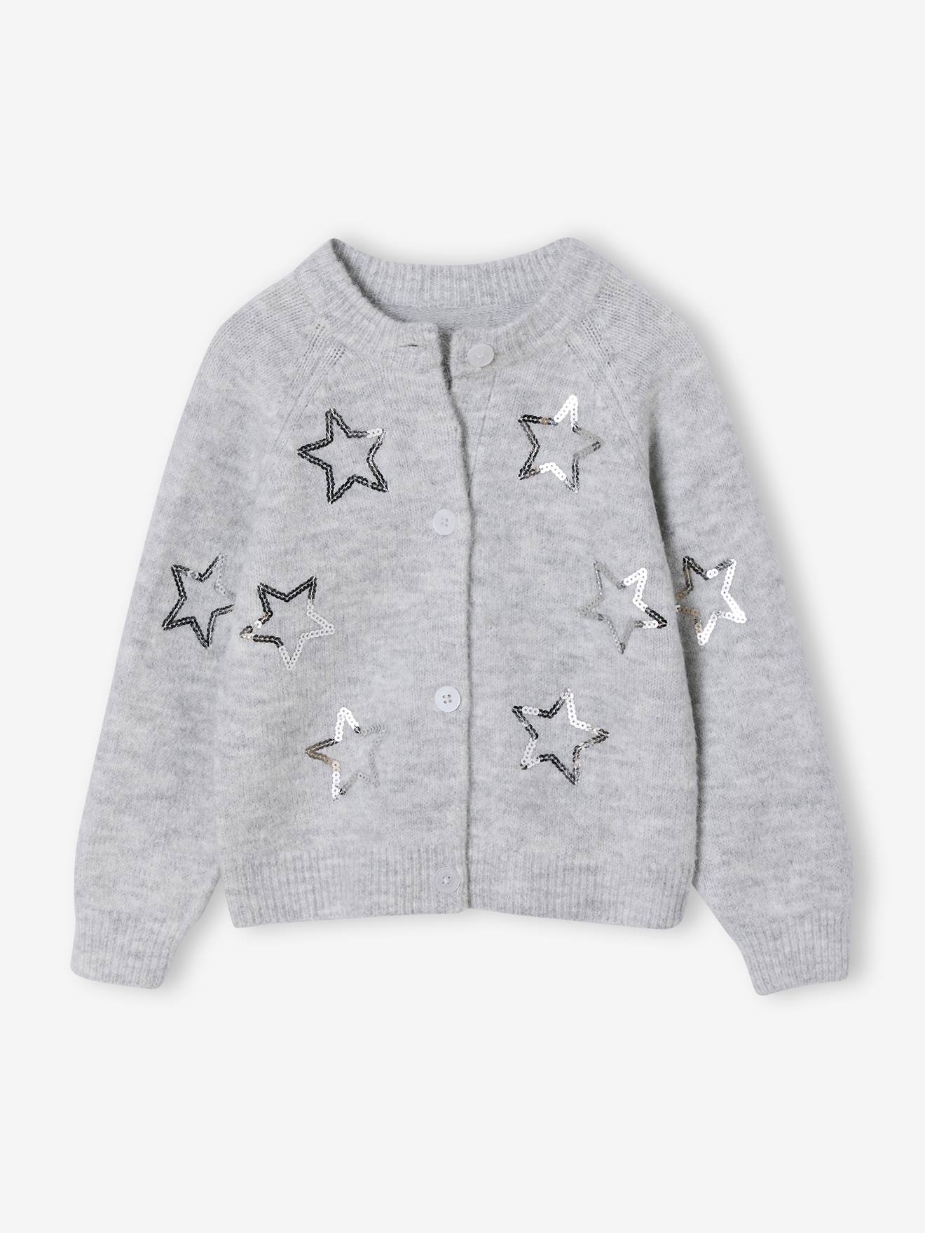 Gilet fille noël étoiles en sequins gris chiné