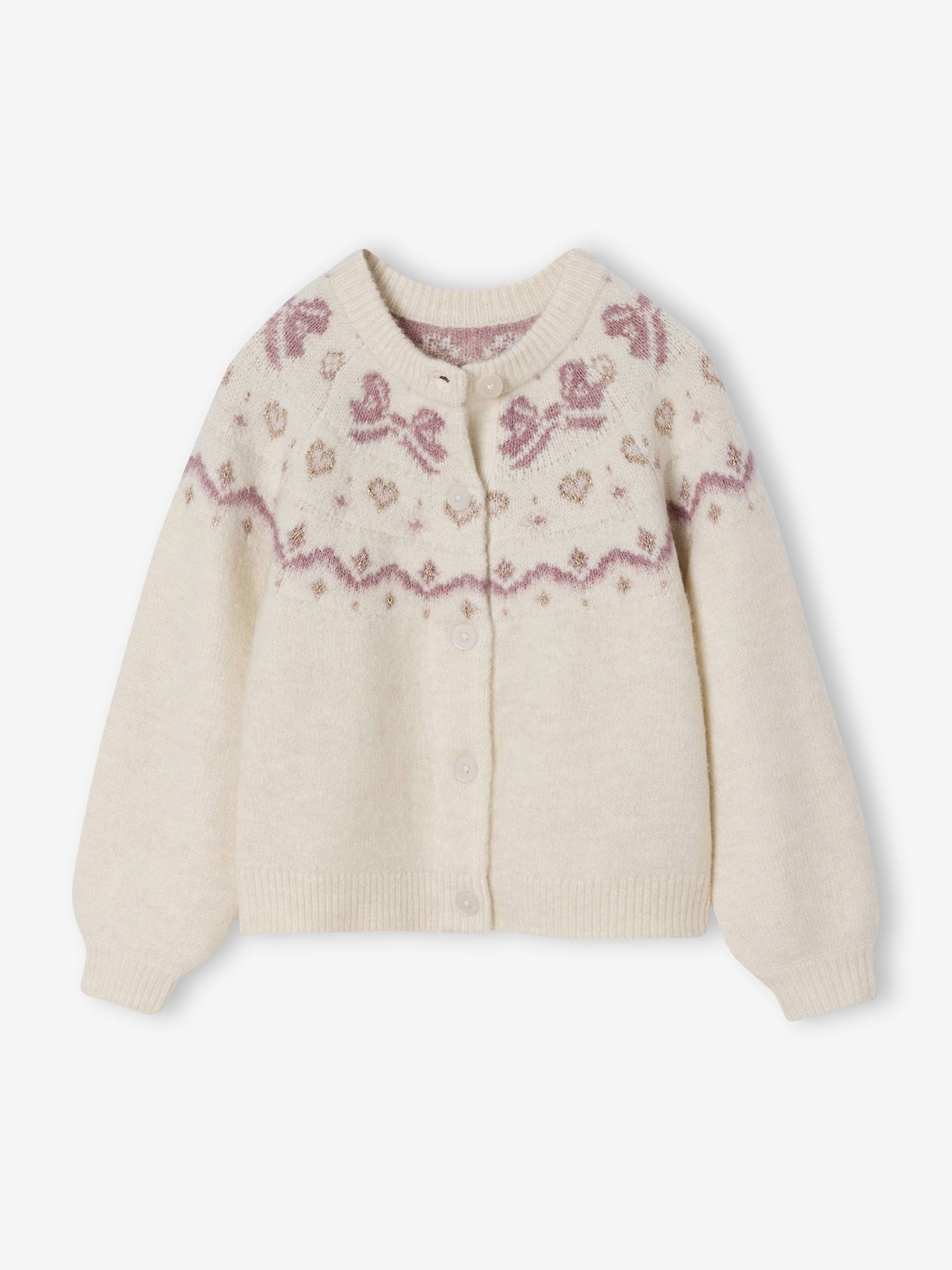 Gilet fille noël motifs jacquard détails brillants écru