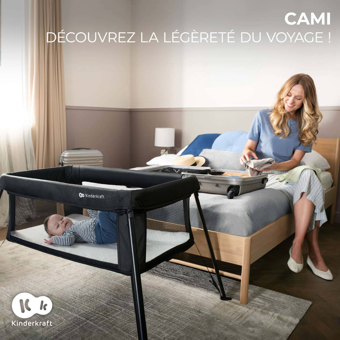 Lit Parapluie Kinderkraft Cami 3 En 1 Compact Et Léger Avec Sommier Réglable, Parc Enfant Et Sac À Dos Voyage Black (Kinderkraft) - Image 1