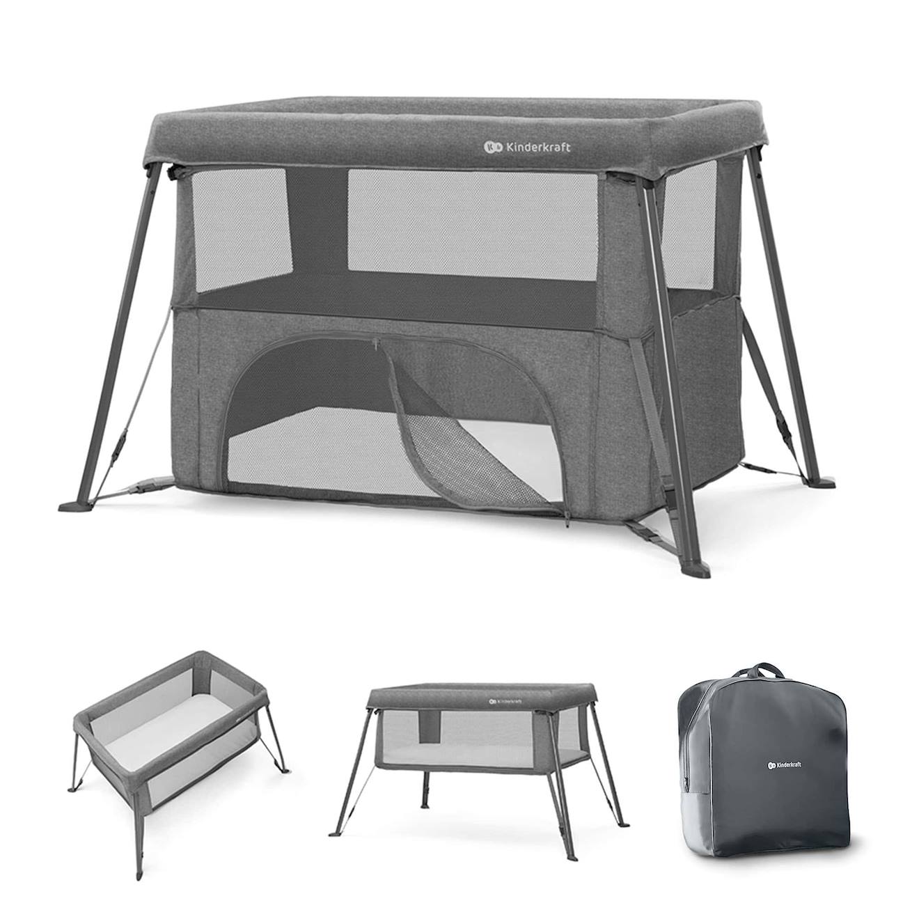 Lit Parapluie Kinderkraft Cami 3 En 1 Compact Et Léger Avec Sommier Réglable, Parc Enfant Et Sac À Dos Voyage Grey