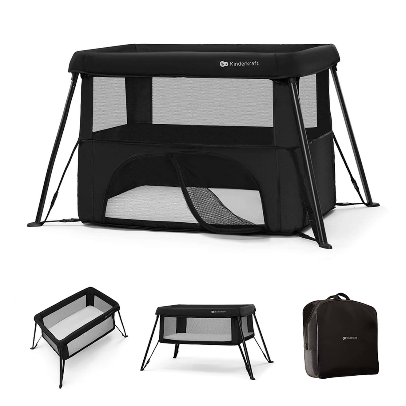 Lit Parapluie Kinderkraft Cami 3 En 1 Compact Et Léger Avec Sommier Réglable, Parc Enfant Et Sac À Dos Voyage Black (Kinderkraft) - Couverture