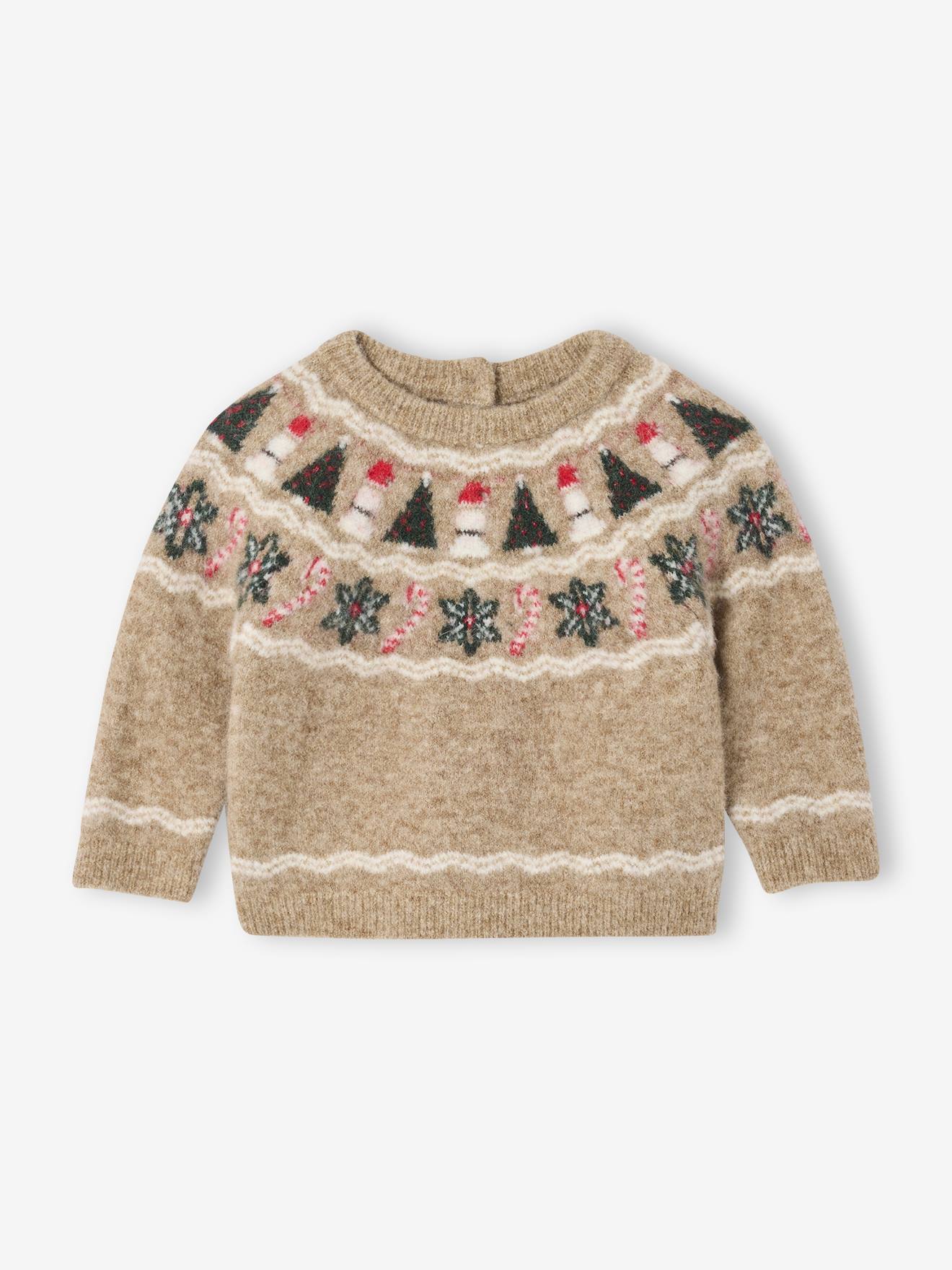 Pull jacquard bébé garçon noël beige chiné