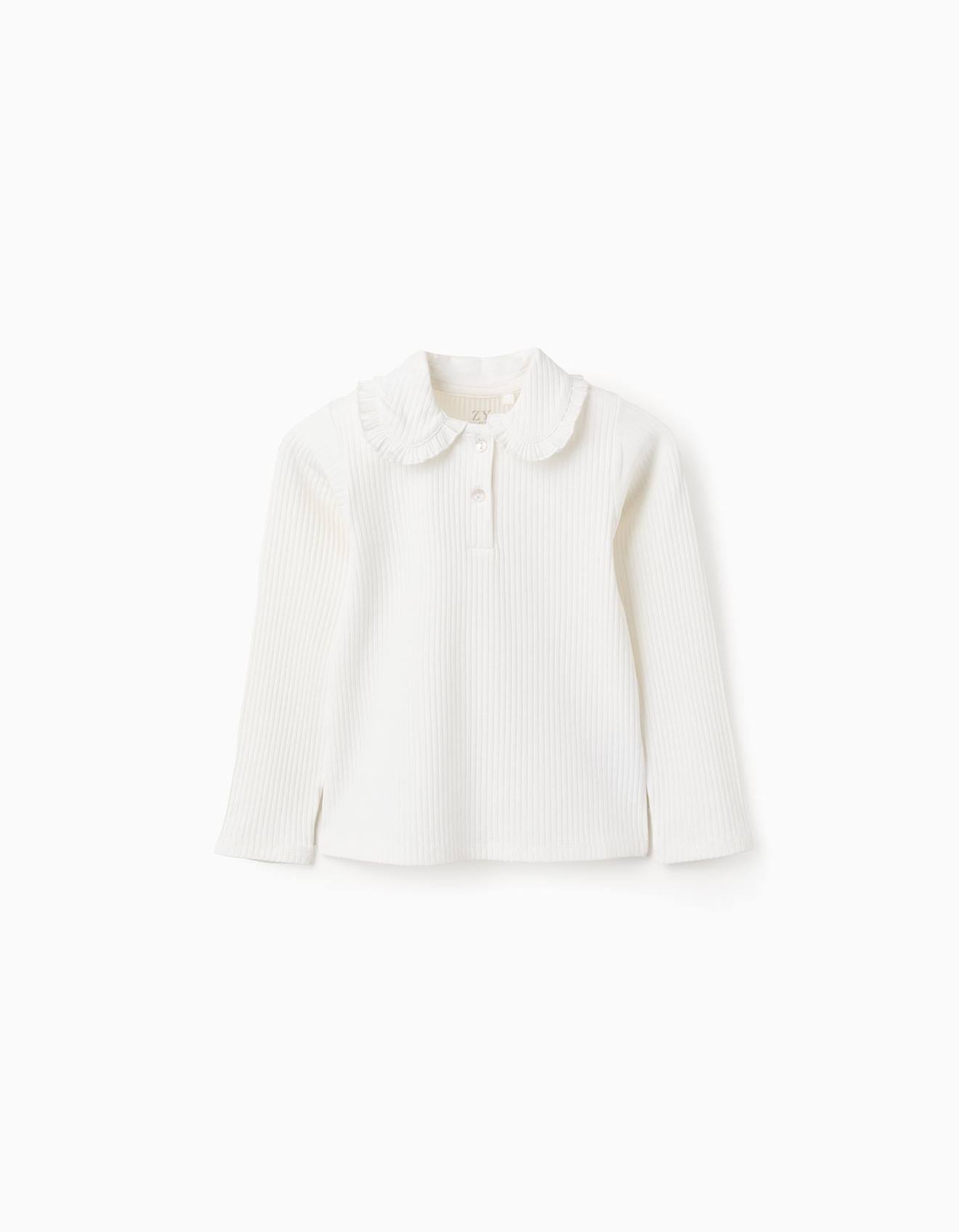 T-shirt Côtelé Avec Col Peter Pan Et Boutons Beige Clair