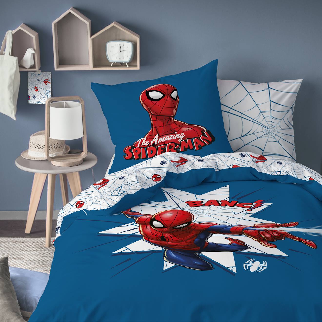 Parure De Lit Imprimée 100% Coton, Spiderman Home Jumping Bleu