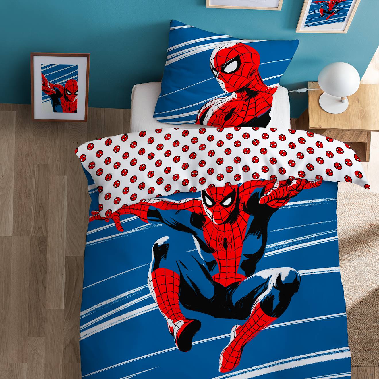 Parure De Lit Imprimée 100% Coton, Spiderman Home Anniversary Blanc/bleu