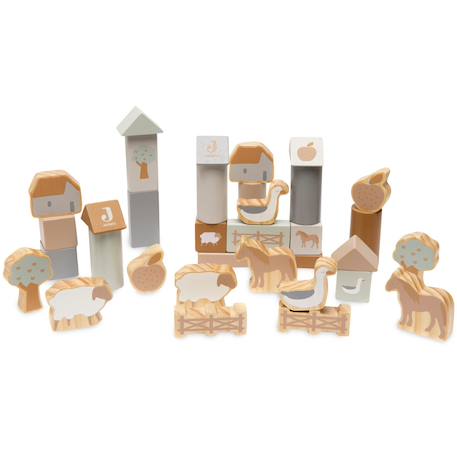 Jollein - Set De Cubes En Bois Farm Maron, Bleu, Gris