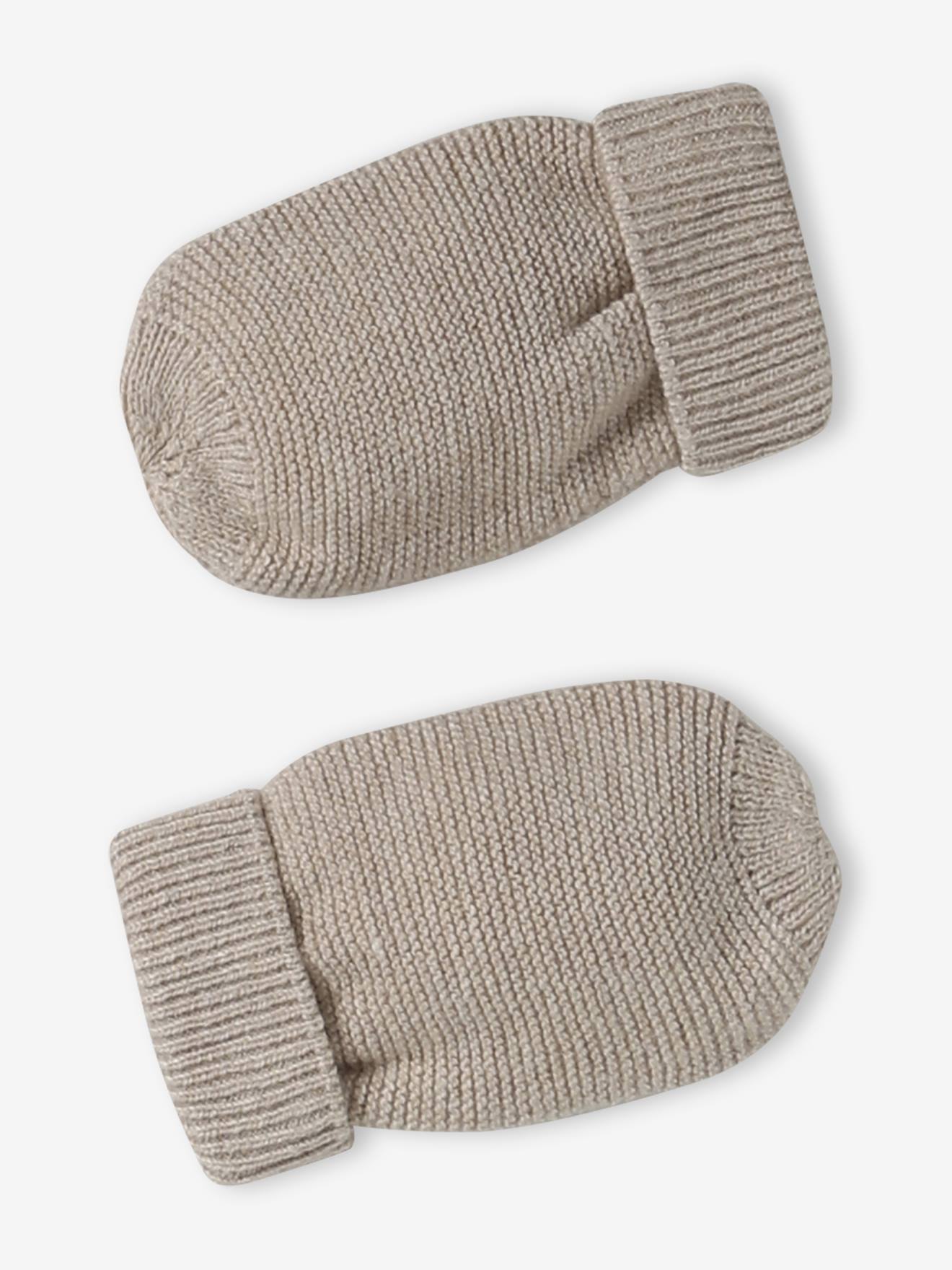 Ensemble naissance bonnet, moufles et chaussons et son pochon personnalisable beige chiné (Vertbaudet) - Image 2