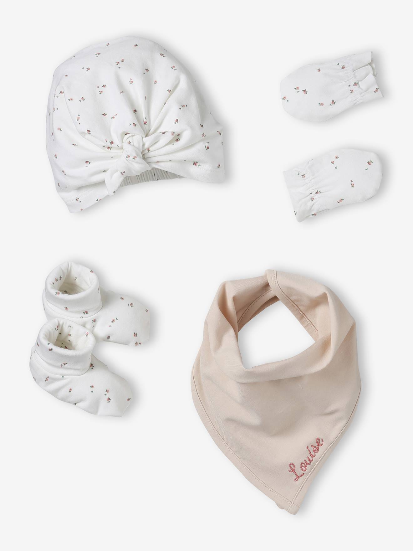 Ensemble bonnet, moufles, foulard et chaussons bébé rose