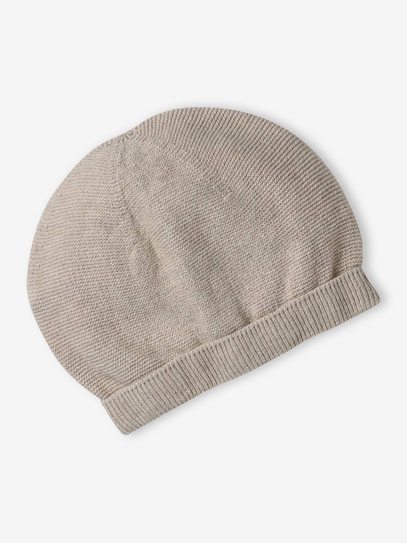 Ensemble naissance bonnet, moufles et chaussons et son pochon personnalisable beige chiné (Vertbaudet) - Image 1